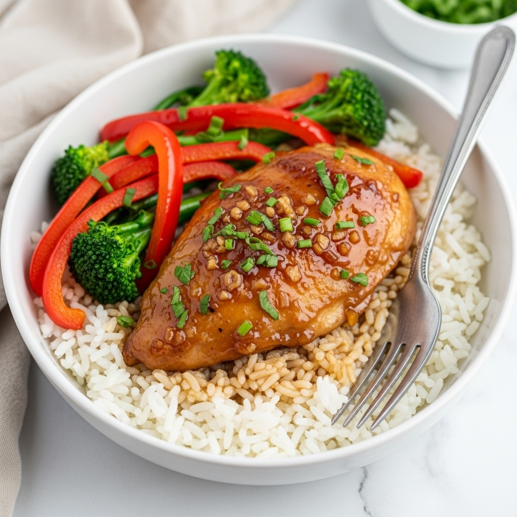 A white bowl filled with a base layer of white rice topped with a layer of bright red bell pepper strips and small green broccoli florets. On top lies a thick piece of golden-brown chicken covered with a rich, glossy brown sauce that also pools around the vegetable layer. Some finely chopped green herbs are sprinkled over the dish for garnish. A silver fork rests inside the bowl on the right side. The bowl is placed on a white marbled surface with a soft cloth in the background. photo taken with an iphone --ar 4:5 --v 7