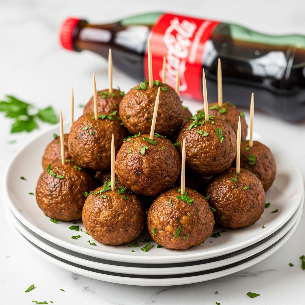 A white plate is filled with around fifteen golden-brown meatballs, each topped with finely chopped green herbs and shiny from a glaze or sauce. Several toothpicks stick upright from the meatballs, making them easy to pick up. The plate sits on a white marbled surface with some scattered herbs around it. In the background, there is a tilted Coca-Cola bottle that adds a casual touch to the scene. photo taken with an iphone --ar 4:5 --v 7
