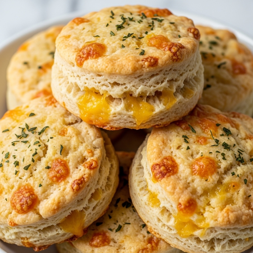 A close-up view of several golden brown cheese biscuits piled in a white bowl. Each biscuit has a rough, crumbly texture with melted cheese showing in spots on the surface. The biscuits are round and slightly uneven in shape, topped with small green herb flakes, giving a savory look. The background is a white marbled texture. photo taken with an iphone --ar 4:5 --v 7