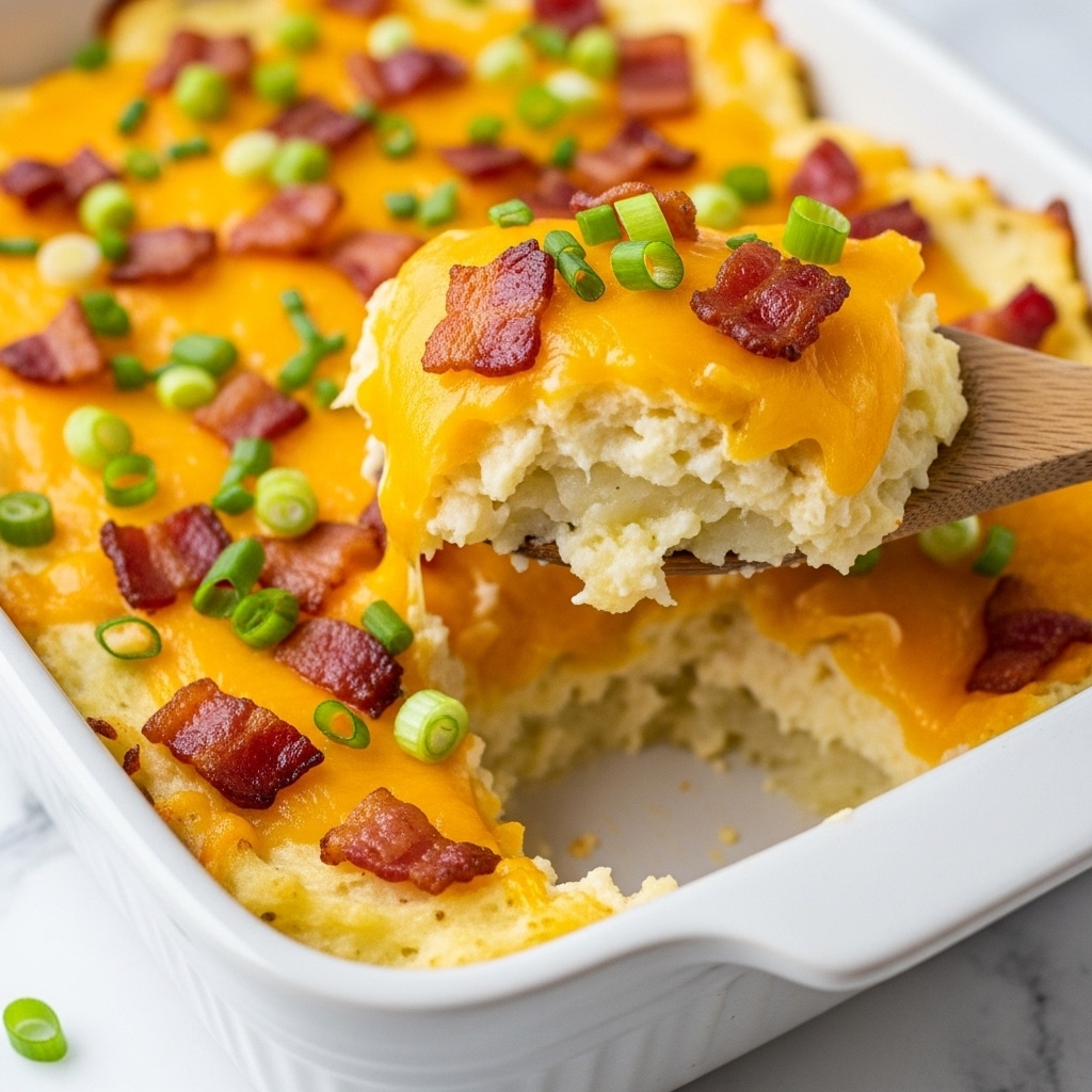 The image shows a close-up of a white ceramic baking dish filled with a layered potato casserole. The dish features a bottom layer of creamy mashed potatoes, topped with a golden layer of melted cheddar cheese. Scattered on top are small crispy bacon pieces and bright green chopped scallions, adding color contrast. The texture looks soft and creamy with some browned spots from baking. A wooden spoon is scooping out a portion from the corner, revealing the layers clearly. The dish is set on a white marbled surface. Photo taken with an iphone --ar 4:5 --v 7