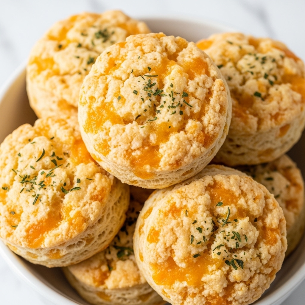 The image shows a close-up of several golden-brown cheese biscuits stacked on a white bowl. Each biscuit has a rough, crunchy texture with a slightly uneven shape and small crunchy bits visible on the surface. The biscuits display a mix of light yellow cheese melted into the dough with some browned spots, and tiny green herb flakes are sprinkled on top. The white marbled surface beneath the bowl is barely visible in the background. photo taken with an iphone --ar 4:5 --v 7