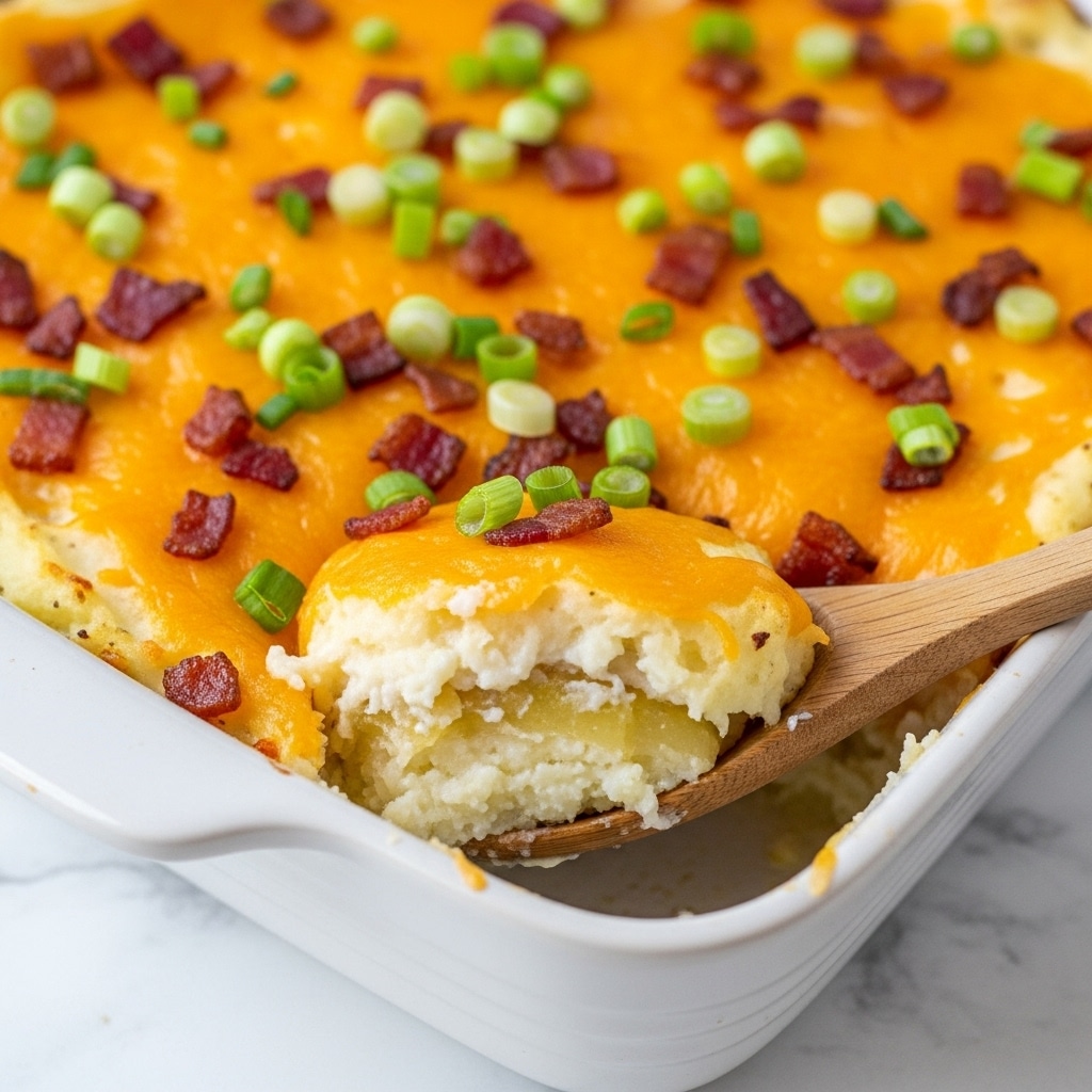 A close-up shot of a baked dish served in a white ceramic rectangular baking dish, showing layers of creamy mashed potatoes topped with melted bright yellow cheddar cheese, crispy golden-brown bacon bits, and fresh chopped green onions scattered on top. The wooden spoon lifting a portion reveals the smooth, mashed texture underneath the crispy and cheesy topping. The dish sits on a white marbled surface. Photo taken with an iphone --ar 4:5 --v 7