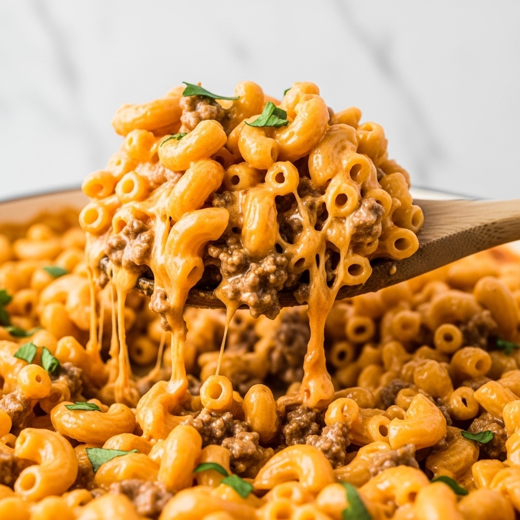 The image shows a close-up of creamy macaroni and cheese mixed with browned ground beef. The dish is made of tender elbow macaroni pasta coated in a smooth, melted orange cheese sauce. Small bits of browned meat are stirred evenly through the pasta. There are small green herb pieces scattered on top, adding a touch of color. A wooden spoon lifts a portion of the dish from a large pot, with the pasta looking soft and gooey. The background is a white marbled texture. photo taken with an iphone --ar 4:5 --v 7