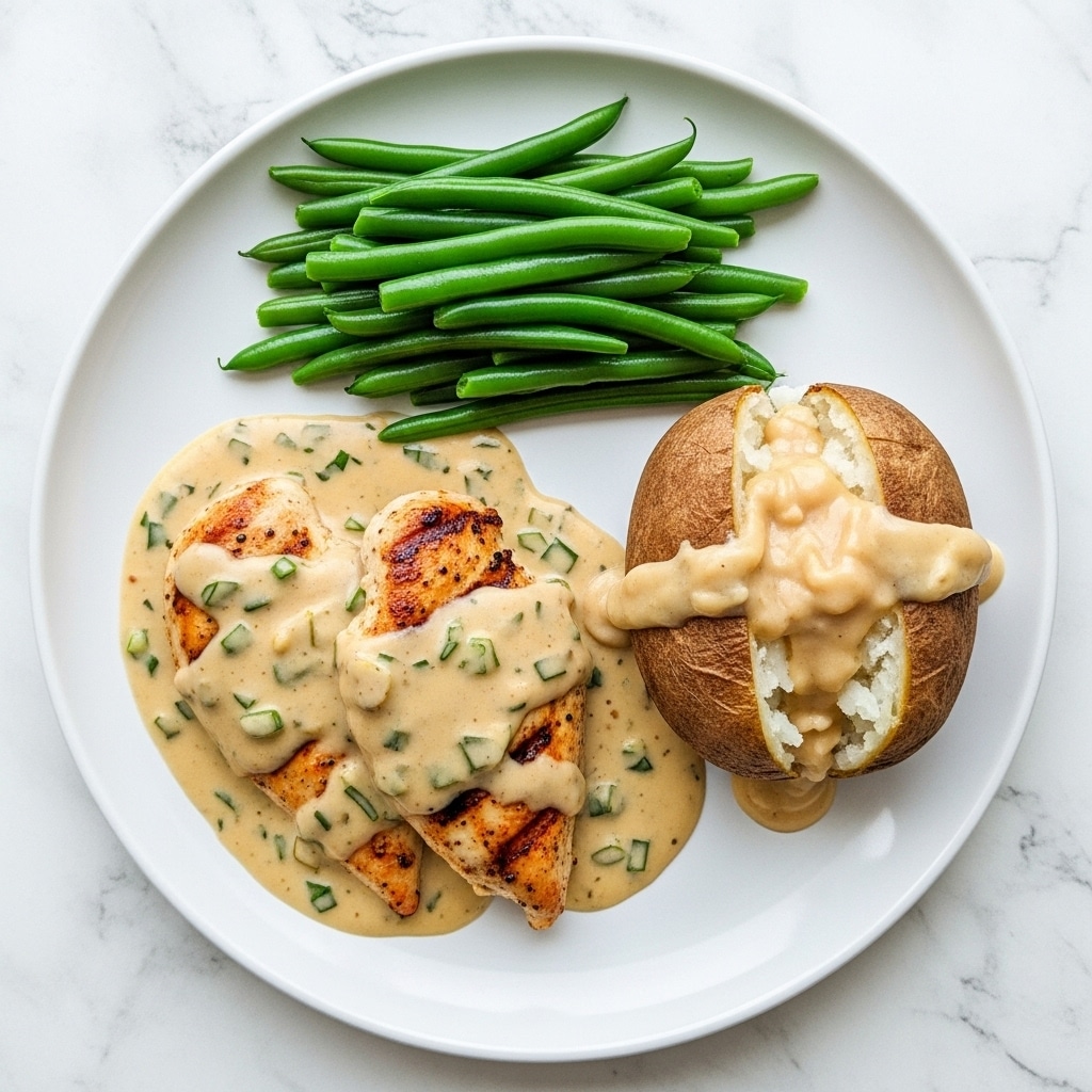 A white round plate holds a meal with three main parts. On the left, there are two grilled chicken breasts with a golden-brown sear, covered in a creamy, light beige sauce with small green herb pieces sprinkled on top. To the right of the chicken, a baked potato is cut open, showing soft white inside topped with thick beige gravy. At the top of the plate, a neat pile of fresh, bright green beans rests, adding a fresh color contrast. The plate sits on a white marbled surface with a soft, cream-colored cloth partially visible in the background. photo taken with an iphone --ar 4:5 --v 7