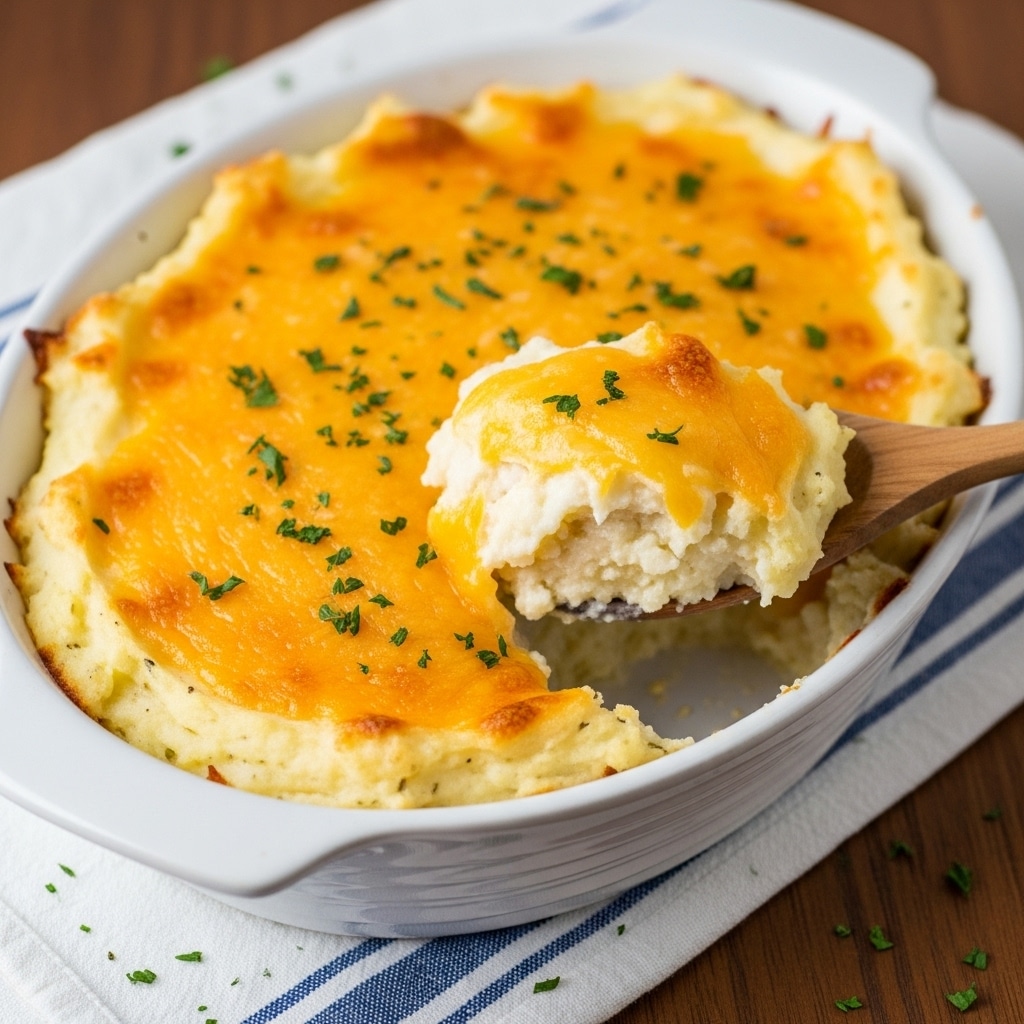 The dish is a baked casserole in a white ceramic dish with one visible layer. The top layer is golden brown melted cheese, slightly crispy with small green herb specks sprinkled evenly. Below the cheese is a creamy textured layer of white rice mixed with a smooth, cheesy sauce. A wooden spoon is scooping a portion out, showing the thick, soft rice beneath the golden cheese crust. The dish is placed on a blue and white cloth on a wooden table, with a white marbled texture in the background. photo taken with an iphone --ar 4:5 --v 7