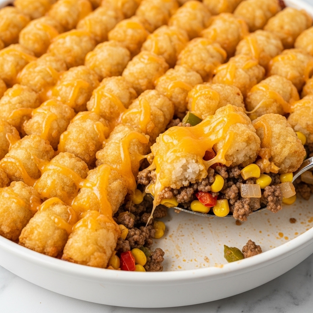 A close-up of a layered casserole shows a base layer of cooked ground beef mixed with corn, diced onions, and small pieces of green and red bell peppers. On top of this is a thick, golden-brown layer of melted cheese covering crispy, evenly placed tater tots with a slightly crunchy texture. The casserole is in a white dish on a white marbled surface, with some green herbs sprinkled over the tater tots for color. A spoon is scooping a portion, revealing the colorful and textured meat and vegetable layer beneath the cheesy tater tot top. Photo taken with an iphone --ar 4:5 --v 7