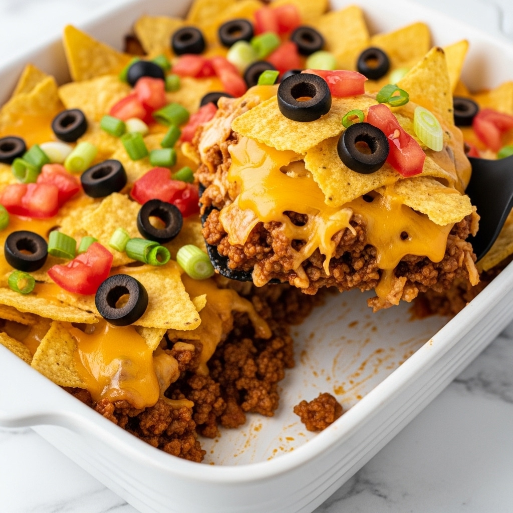 The image shows a close-up of a baked casserole dish with several layers. The bottom layer appears to be cooked ground beef mixed with a rich sauce, topped with a thick layer of melted cheddar cheese that covers the meat completely. Above the cheese, there is a layer of broken corn chips scattered all over, creating a crunchy texture. On top of the chips, there are sliced black olives, small diced red tomatoes, and chopped green onions spread evenly across the casserole. A black spatula lifts a scoop from the dish, showing all the layers clearly. The casserole is in a white ceramic baking dish placed on a white marbled surface. Photo taken with an iphone --ar 4:5 --v 7