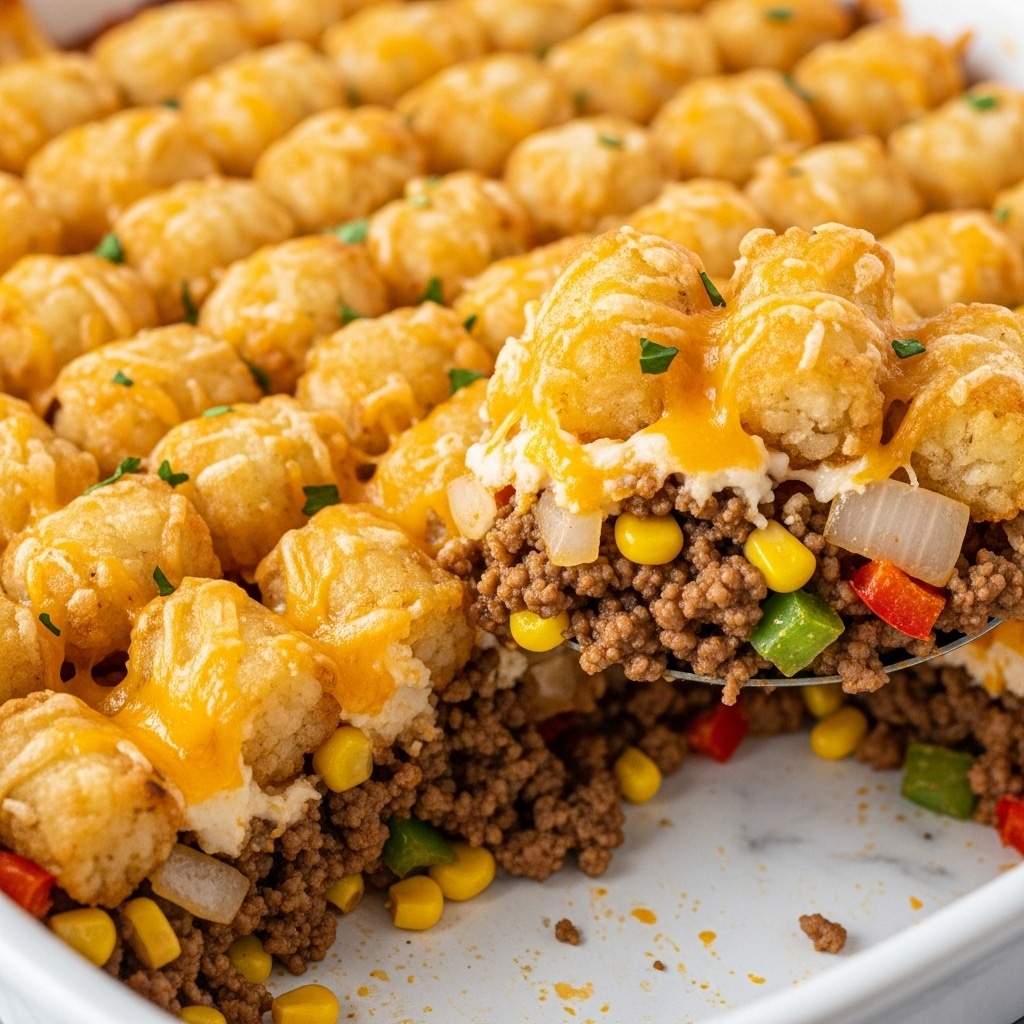 The dish shows a thick layer of golden brown, crispy tater tots on top, arranged closely together with melted orange cheese visible between and on them. Underneath this layer, there is a mix of cooked ground beef, diced onions, corn kernels, and small bits of red and green peppers, all held together by melted cheese, giving it a gooey texture. The dish is in a white round pan, placed on a white marbled surface. A spoon is scooping out a portion, revealing the layered filling inside. photo taken with an iphone --ar 4:5 --v 7