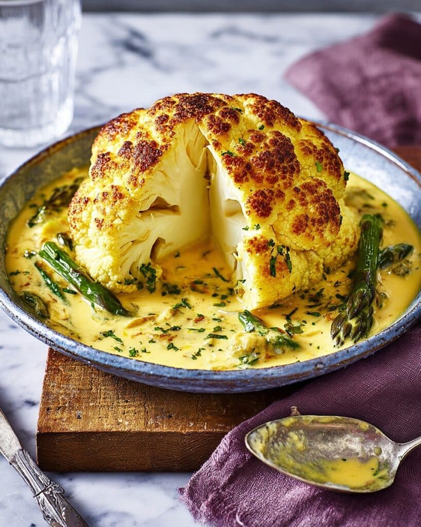Whole Baked Cauliflower with Cheesy Sauce and Chives Recipe