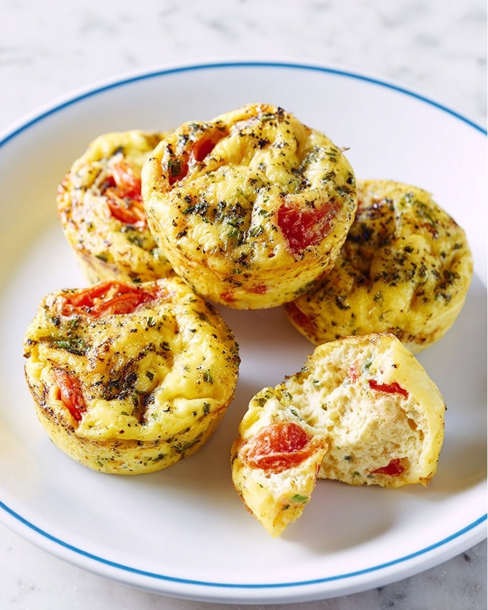 The image shows four small round egg muffins on a white plate with a blue rim, placed on a white marbled surface. The egg muffins have a yellow base with visible red cherry tomato slices and green herbs mixed throughout, giving a speckled texture. Three muffins are whole, stacked slightly, and one muffin is broken into two pieces, revealing the soft, fluffy inside with bits of tomato and herbs inside. The plate is simple, and the colors of the muffins stand out against the white background. Photo taken with an iphone --ar 4:5 --v 7