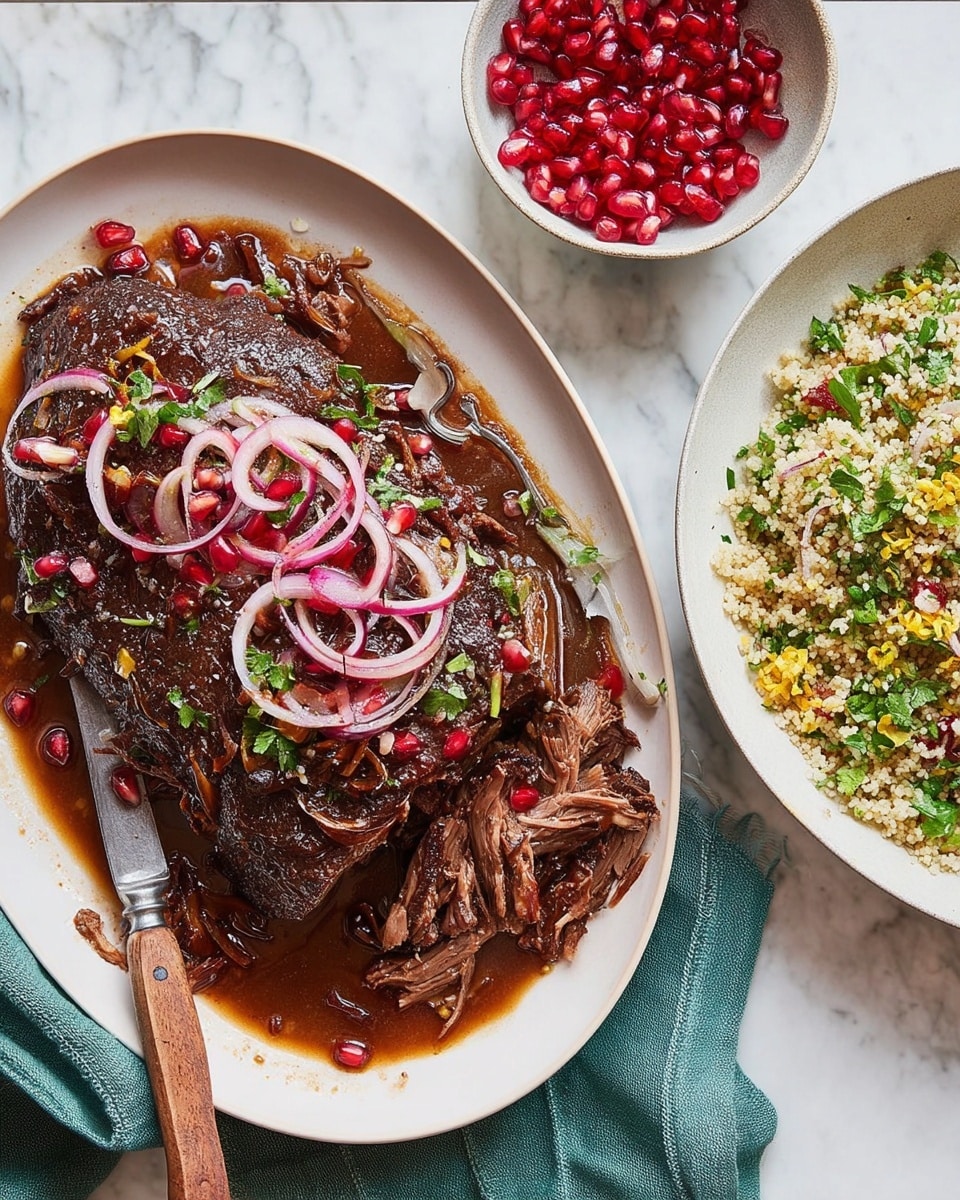 A white oval plate holds a piece of dark brown roasted meat with a charred texture, some of which is shredded on one side. The meat is topped with thin rings of cooked purple onions and bright red pomegranate seeds scattered across the surface and around the meat in a rich brown sauce. A silver fork and a knife with a wooden handle rest on the right side of the plate. Nearby, a small white bowl filled with glossy red pomegranate seeds and a white bowl containing a light beige couscous salad dressed with green herb leaves and small yellow and red seasonings sit on a white marbled surface. A green cloth is partially visible under the plate. Photo taken with an iphone --ar 4:5 --v 7
