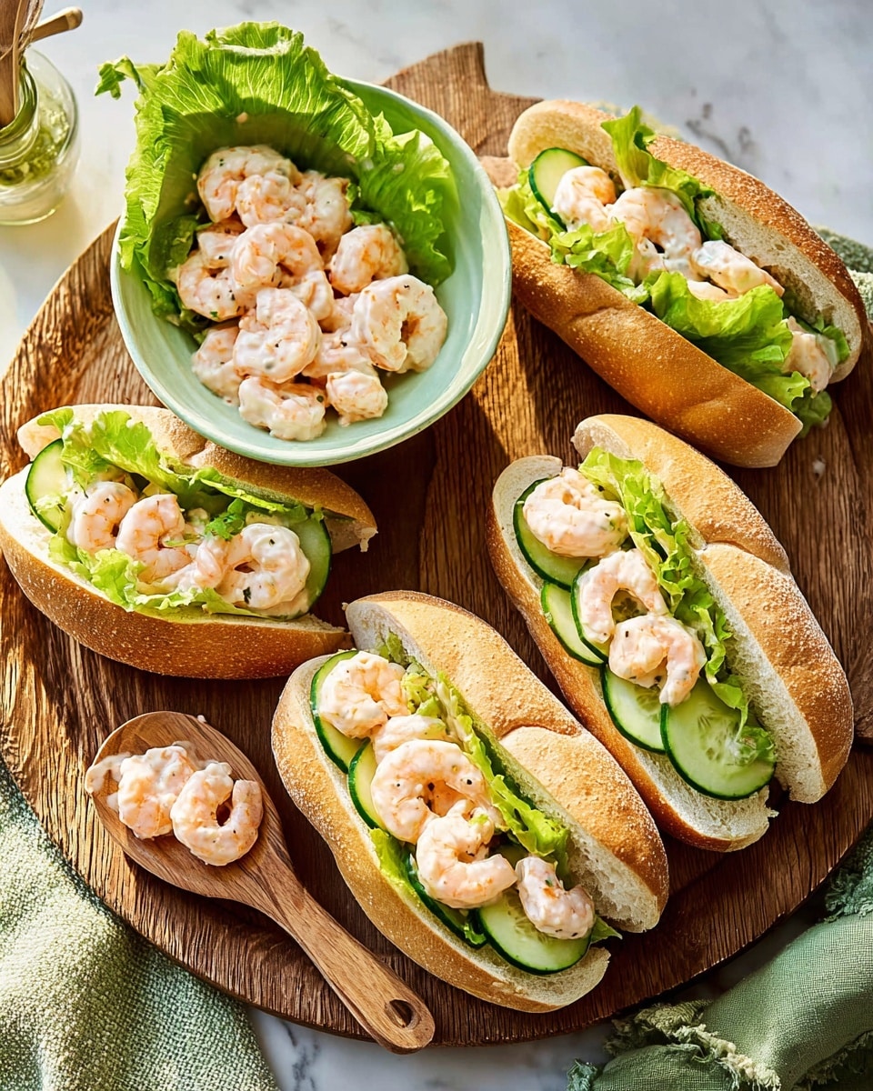 The image shows four shrimp rolls placed on a round wooden board over a white marbled texture. Each roll has a soft, lightly dusted bun as the base layer, filled with a middle layer of fresh green lettuce leaves. On top of the lettuce, there are slices of cucumber placed vertically for texture and color contrast. The top layer is a generous portion of small, pale pink cooked shrimp coated in a creamy sauce. In the middle of the board, there is a green bowl filled with more shrimp in creamy sauce. Green napkins are tucked under the board with a wooden spoon holding a few shrimp beside the rolls. Photo taken with an iphone --ar 4:5 --v 7