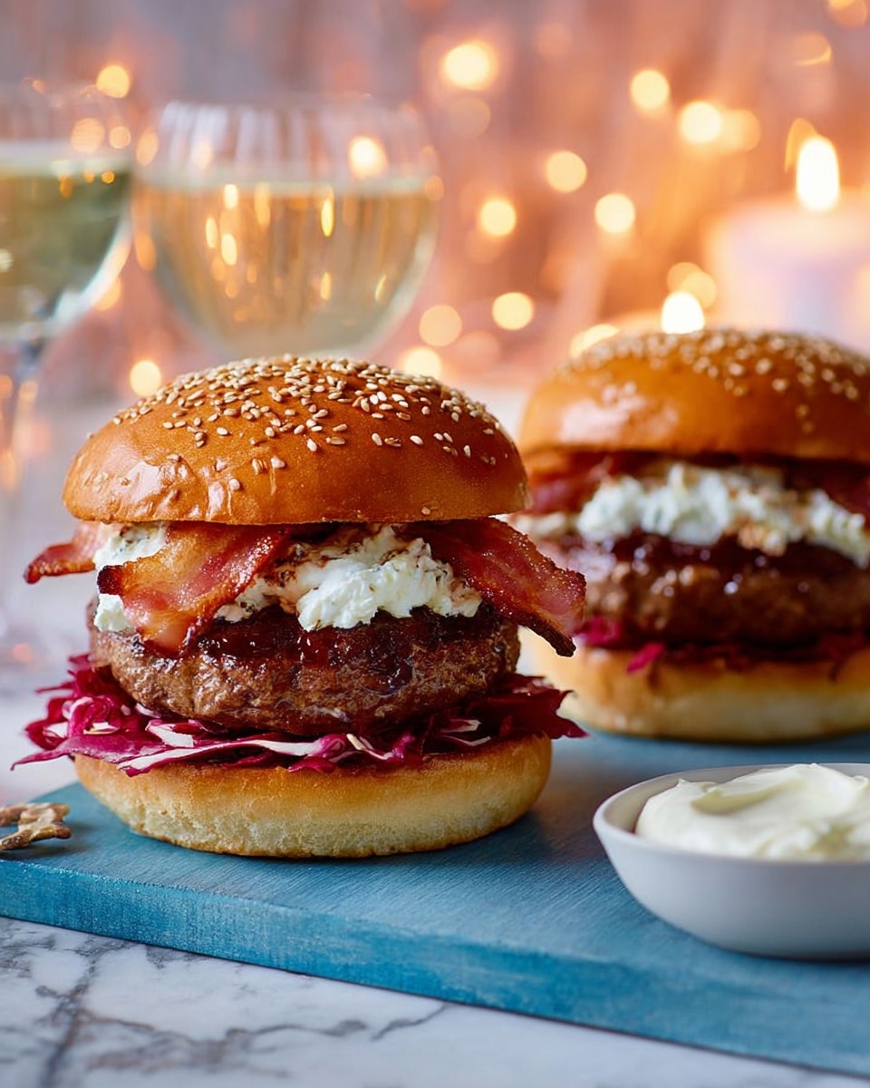 Two burgers sit on a gray board on a white marbled surface, each layered with a golden-brown sesame seed bun top, crispy reddish bacon strips, purple-red lettuce, a thick brown beef patty, white creamy sauce, and a soft golden-brown bun bottom. In the background, there are two clear wine glasses filled with white wine, out of focus, along with soft warm lights creating a cozy atmosphere. To the right, a white bowl holds extra white sauce. Photo taken with an iphone --ar 4:5 --v 7