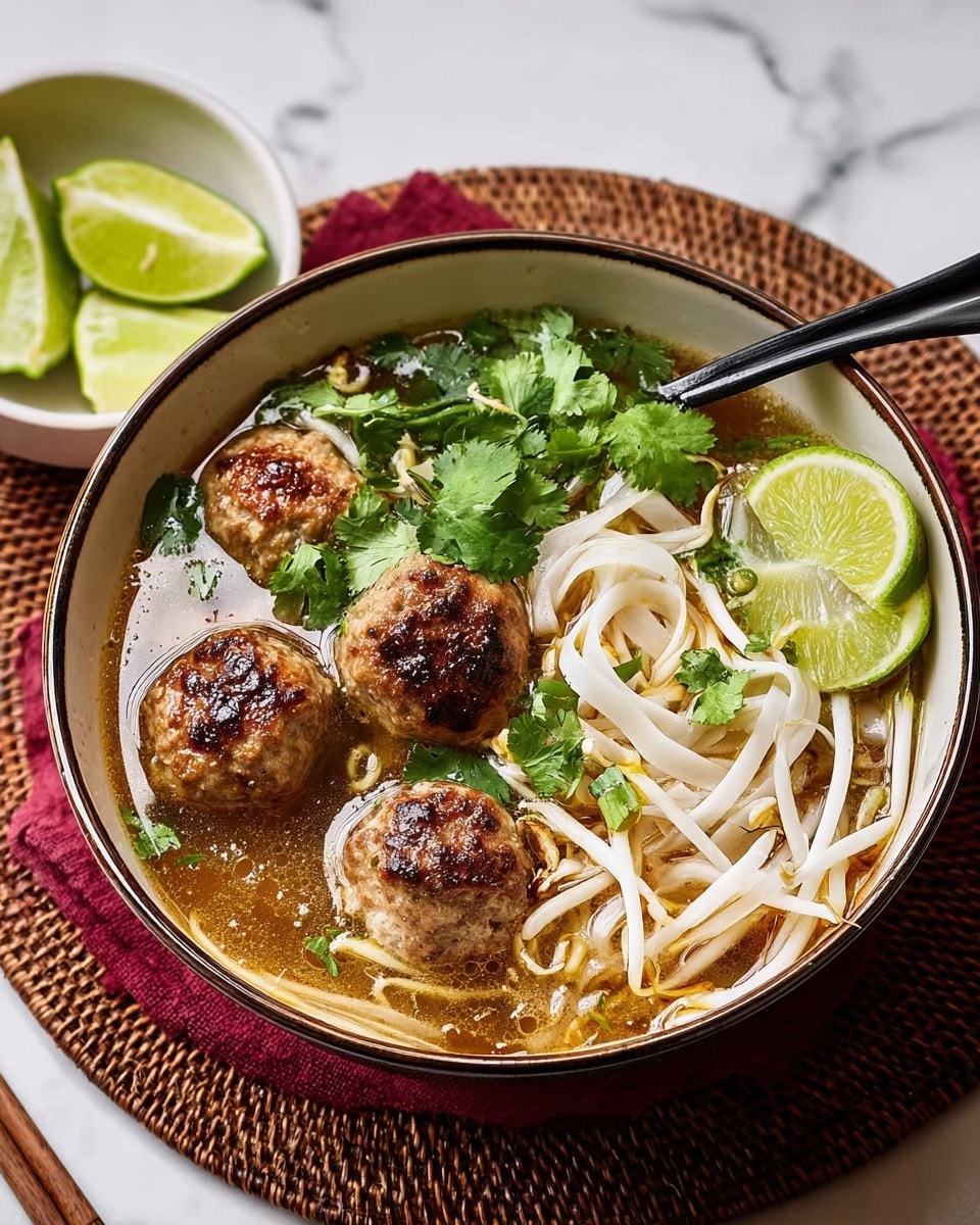 A white bowl filled with clear brown broth holds several layers: at the bottom are white noodles mostly on the right side, three browned meatballs sit in the middle, and bean sprouts are on the left side near the top. The dish is topped with bright green cilantro leaves, thin green chili slices, and two lime wedges placed near the top edge. The bowl has a black handle and is set on a woven red and brown mat with a small white bowl of lime wedges next to it, all on a white marbled surface. Photo taken with an iphone --ar 4:5 --v 7