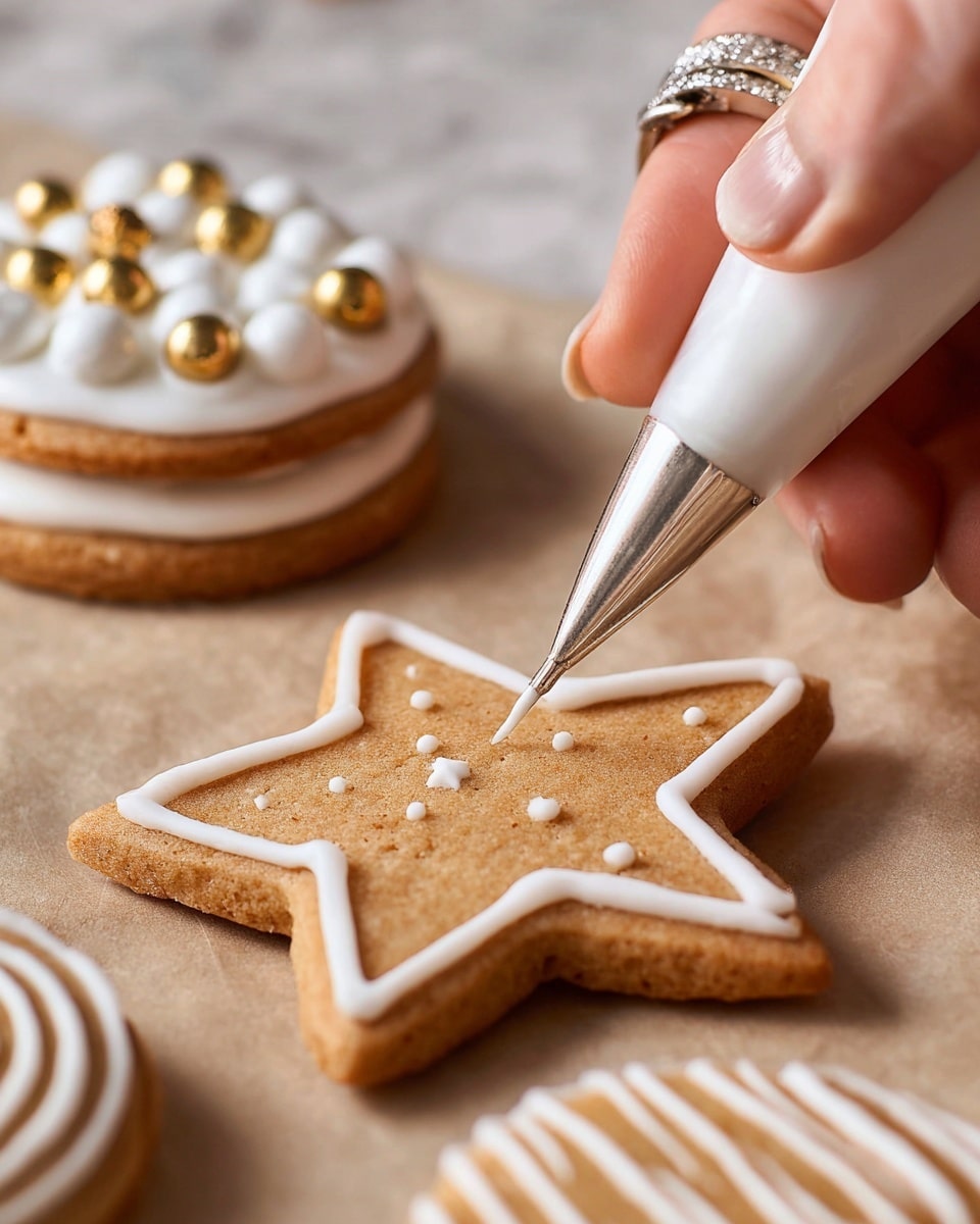 A single star-shaped cookie with a light brown, smooth surface sits on a white marbled texture, with a woman's hand decorating it using white icing from a piping bag. The cookie has a thick, slightly textured edge, while the white icing forms a neat outline along the star's edges. Around it, other cookies are visible, including a round cookie topped with small white and golden round decorations and a bit of yellow, and another round cookie with white icing lines across it. The scene shows close, detailed work on cookie decoration. photo taken with an iphone --ar 4:5 --v 7