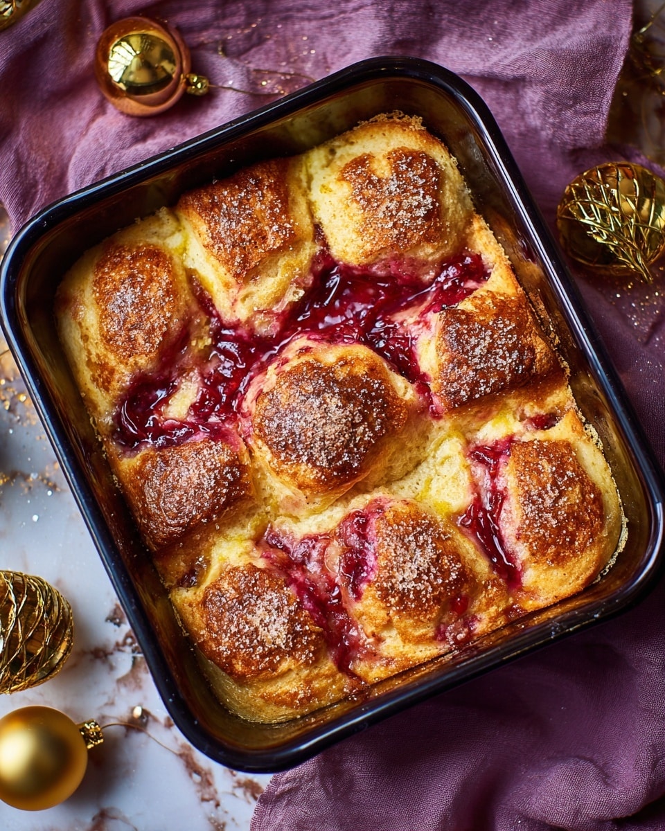 A baked dish in a black rectangular pan with six golden-brown, slightly raised tops sprinkled with fine sugar grains. Between and around these tops, there are bright red swirls of jam or sauce that look thick and slightly glossy. The edges show a soft, creamy yellow filling mixed with bits of the sweet sauce, some parts appearing a little crispy and browned. The pan sits on a white marbled textured surface partially covered by a soft purple cloth, with festive golden decorations nearby, highlighting a warm and cozy scene. photo taken with an iphone --ar 4:5 --v 7