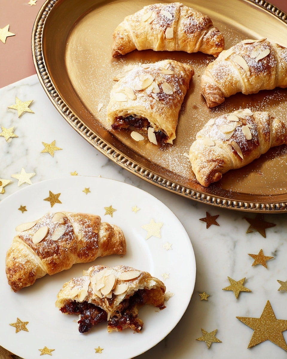 The image shows five golden-brown crescent-shaped pastries with a flaky texture, topped with thin almond slices and a light dusting of powdered sugar. Four pastries rest on an antique-looking brass tray with a raised dotted edge, while one pastry is split open on a white plate decorated with brown star patterns, revealing a filling of dark raisins and nuts. The pastries have a slightly crispy and caramelized surface, and the scattered almond slices add texture and contrast. The background features a white marbled texture, with some decorative gold star cutouts around the tray and plate. Photo taken with an iphone --ar 4:5 --v 7