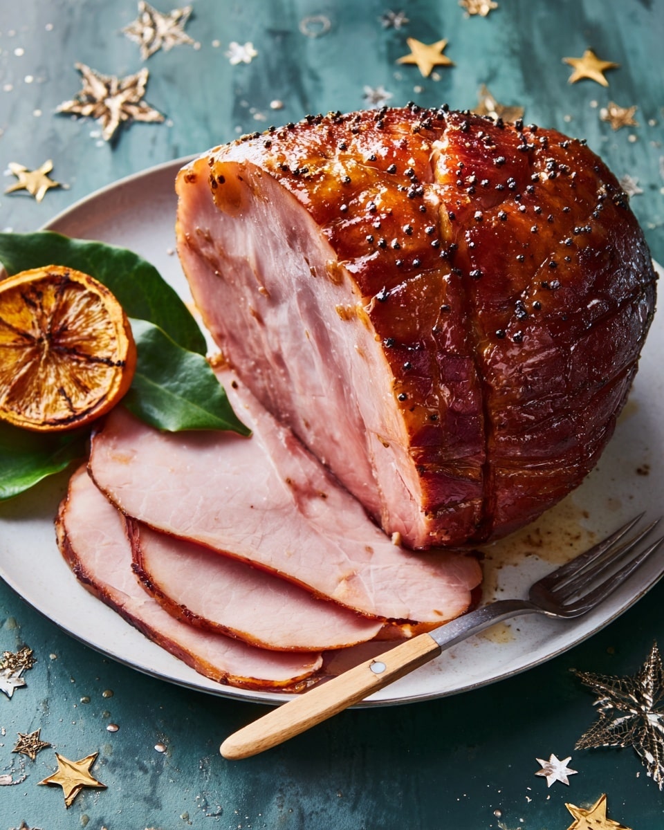 A large piece of glazed ham sits on a white round plate, sliced to reveal its pinkish, tender inside and caramelized brown outside coated with black pepper and shiny glaze. Below the thick main piece, two thin slices are laid flat, showing a smooth texture and a darker edge. To the side of the ham, a grilled half orange with char marks and bright orange color adds contrast. Green bay leaves peep out from beneath the ham, adding a touch of natural green. A gold-toned fork with a black handle rests beside the slices. The plate is placed on a white marbled surface, around which sparkly gold and silver star-shaped decorations lie scattered for a festive feel. Photo taken with an iphone --ar 4:5 --v 7