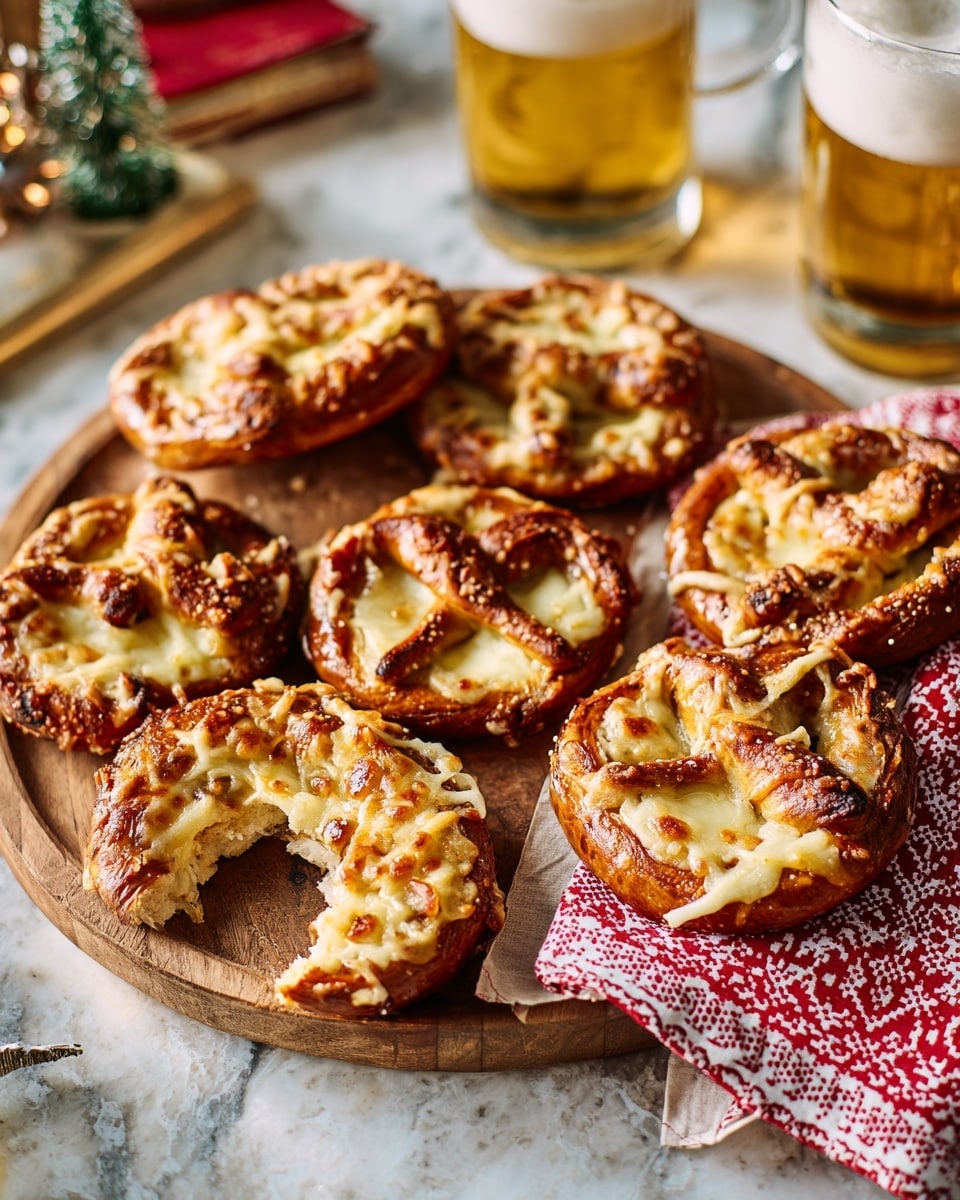 The image shows a white round wooden tray with seven golden brown pretzels topped with melted shredded cheese. The pretzels have a crispy, shiny crust and soft inner texture, with cheese unevenly melted on top in light yellow and creamy white shades. One pretzel is broken open, revealing a soft, fluffy inside. The tray is placed on a white marbled surface and is surrounded by out-of-focus Christmas ornaments in red, blue, and green, as well as two blurred glasses of light beer in the foreground. Photo taken with an iphone --ar 4:5 --v 7