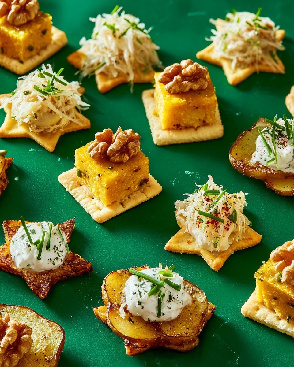The image shows an assortment of small appetizers arranged neatly on a white marbled surface with a bright green backdrop. There are three types of bite-sized snacks: golden yellow crispy square polenta pieces topped with a white creamy spread and a walnut, star-shaped toasted crackers with a dollop of white sauce and a walnut on top, and roasted potato slices topped with a creamy spread mixed with chopped herbs and a sprinkle of red spice. Some star-shaped crackers are also topped with thin white shredded vegetable salad garnished with small green chives. The different layers are distinct by color and texture: the bright yellow crispy base, the smooth white creamy toppings, the rough brown walnut halves, and the fresh green chopped herbs. Each piece stands out clearly on the green background with slight glossy shine from a drizzle of oil or syrup. photo taken with an iphone --ar 4:5 --v 7