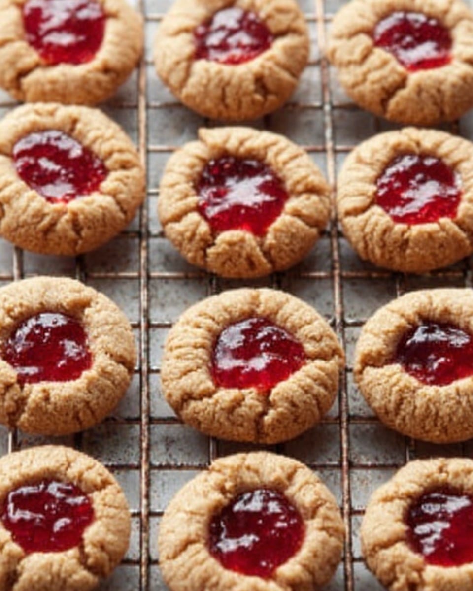 The image shows several small round thumbprint cookies arranged on a silver cooling rack over a white marbled surface. Each cookie has a golden-brown crumbly texture with a deep red jam filling in the center that glistens under the light. The cookies are crisp around the edges, and the jam appears glossy and slightly translucent, creating a lovely contrast with the matte cookie dough. The cooling rack is simple and metal, allowing the cookies to cool evenly. Photo taken with an iphone --ar 4:5 --v 7
