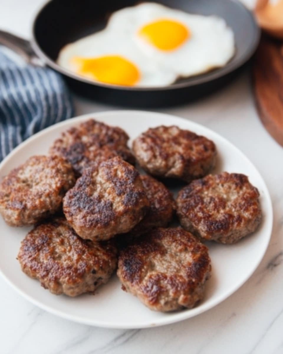 A white plate filled with several cooked sausage patties that have a browned, slightly rough texture. The patties are stacked and spread, showing a meaty, grainy surface, with some pieces overlapping each other. In the background, a dark pan with two sunny side up eggs is slightly blurred, placed on a white marbled surface. photo taken with an iphone --ar 4:5 --v 7