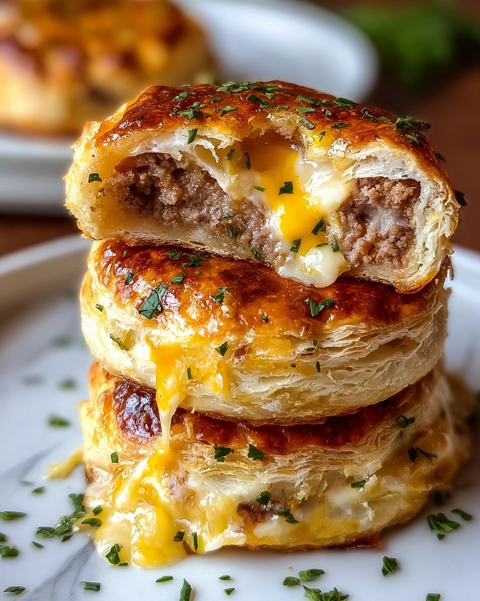 A stack of three round, golden-brown biscuits sit on a white plate with a white marbled texture beneath it. The biscuits have a layered, flaky texture with melted orange cheddar cheese oozing out between layers. The top biscuit is bitten into, revealing a cooked ground meat filling inside, surrounded by soft, fluffy biscuit dough. Small green herb pieces are sprinkled on top and around the biscuits. The lighting highlights the warm, crispy crust and gooey cheese. Photo taken with an iphone --ar 4:5 --v 7