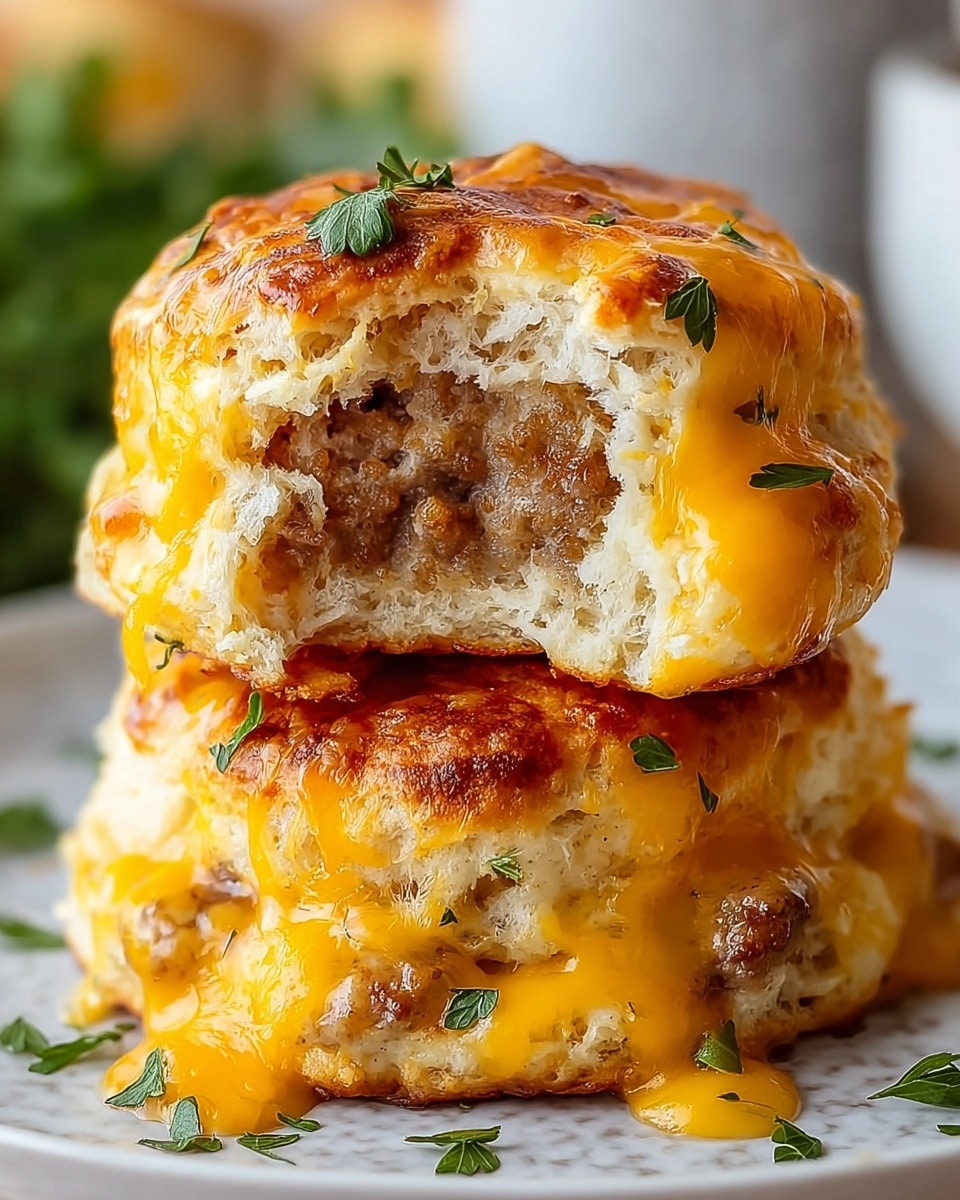 Two stacked savory biscuits are shown on a white plate with a brown rim, placed on a white marbled background. Each biscuit has a golden-brown, slightly crispy top layer with melted, orange cheddar cheese oozing out near the edges. Inside, the biscuit is fluffy, light beige, and airy with visible pockets. Between the layers, there are bits of browned sausage and melted cheddar cheese. Small green parsley leaves are scattered on top and around the biscuits for garnish. The top biscuit has a bite taken out, showing its soft interior and filling. Photo taken with an iphone --ar 4:5 --v 7