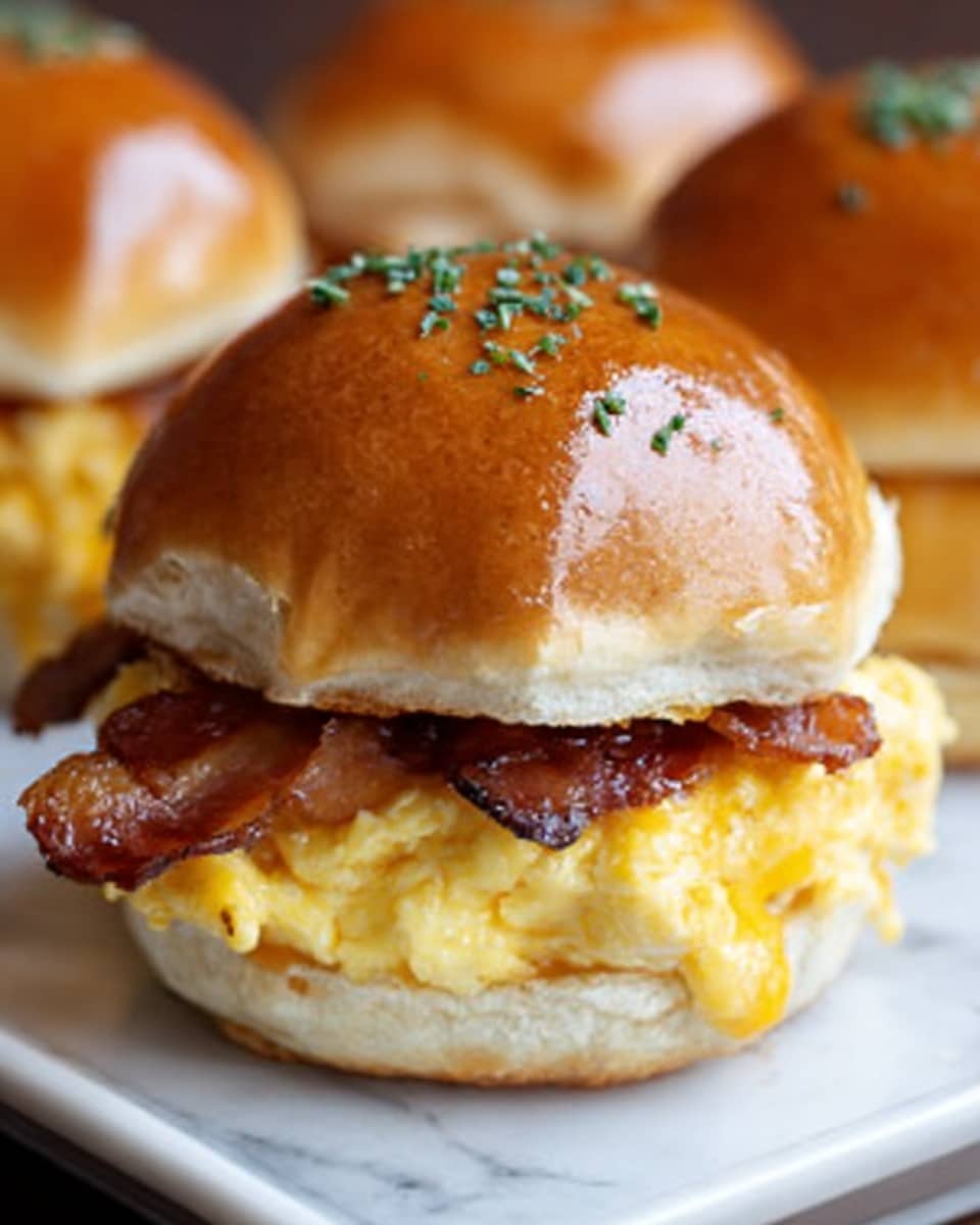 The image shows a close-up of a burger with three main layers. The bottom layer is a toasted, light golden brown bun with visible grill marks. Above it, there is a thick layer of creamy yellow melted cheese with a slightly shiny texture. On top of the cheese, there are crispy strips of dark brown bacon with some green parsley leaves sprinkled on them. The burger is topped with a shiny, glossy brown bun sprinkled with sesame seeds. The background is a white marbled texture, and a woman's hand is gently holding the burger. Photo taken with an iphone --ar 4:5 --v 7