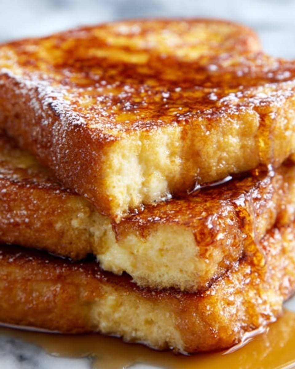 A close-up view of two thick, golden-brown French toast pieces stacked on top of each other, showing a soft, fluffy inside with a slightly crispy crust. A light layer of powdered sugar dusts the surface, and a drizzle of syrup glistens over the top, adding shine and a sticky texture. The toast has a warm, toasted color with visible caramelized edges, and the overall image highlights the moist, tender texture inside. Photo taken with an iphone --ar 4:5 --v 7