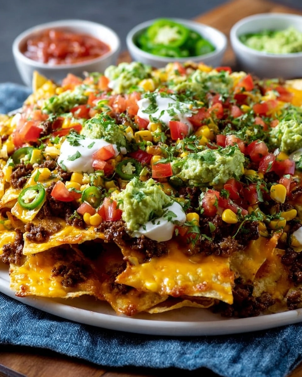 A white plate holds a large stack of nachos with three main layers. The bottom layer is golden yellow tortilla chips covered in melted bright orange cheddar cheese that drapes and melts over the chips. On top of this is a layer of seasoned ground beef mixed with small pieces of black beans. The top layer is colorful and fresh, with chopped red tomatoes, green jalapeño slices, yellow corn kernels, bright green chopped cilantro, and dollops of creamy white sour cream and chunky green guacamole spread unevenly. The plate sits on a blue cloth over a white marbled surface, with two small white bowls of salsa and chopped green onions blurred in the background. photo taken with an iphone --ar 4:5 --v 7