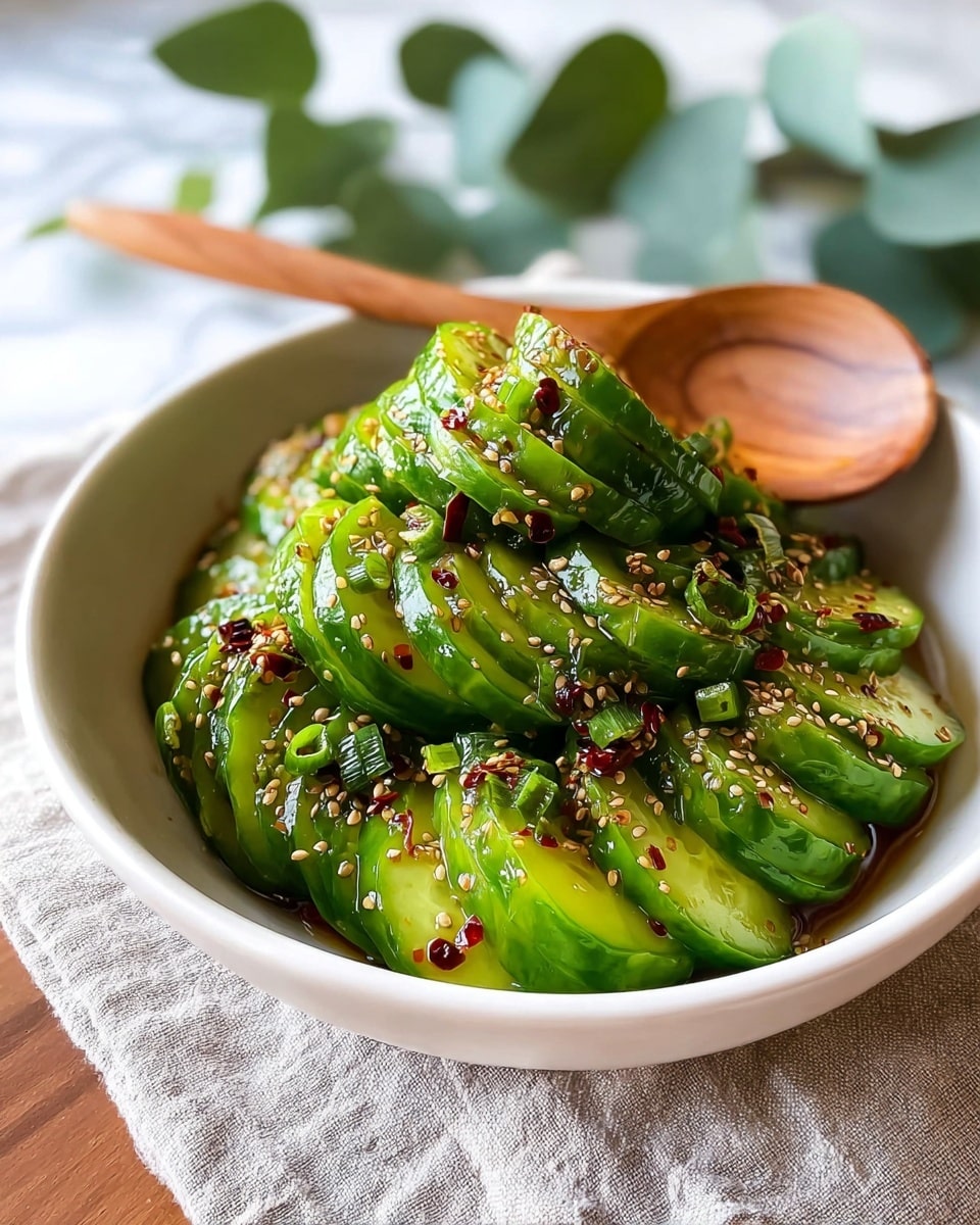A white speckled bowl sits on a white marbled texture with a light cloth underneath, filled with sliced cucumbers arranged in a layered spiral. The cucumbers are bright green and glossy from a sauce that coats them evenly. Scattered on top are red chili flakes, light tan sesame seeds, and sliced green onions, adding rich specks of color and texture. A wooden spoon rests inside the bowl, its smooth brown surface contrasting with the fresh green cucumbers. photo taken with an iphone --ar 4:5 --v 7