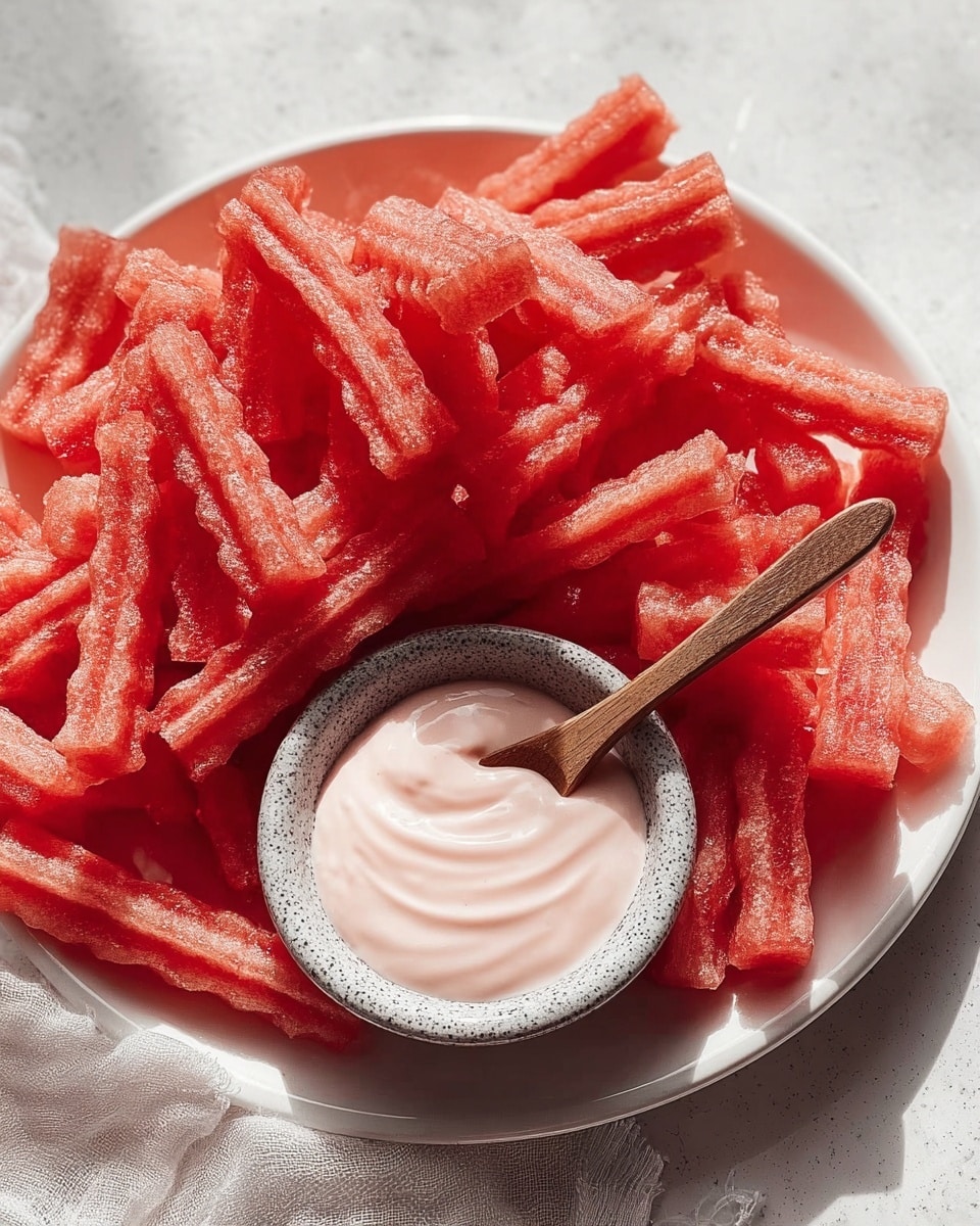A white plate is filled with many bright red crinkle-cut strips that look like watermelon fries, with a grainy texture on their surfaces. On the right side of the plate sits a small speckled white bowl filled with smooth, pale pink creamy dip, showing soft swirls on top. A metallic spoon partially rests inside the bowl, handle leaning outwards. The plate is placed on a white marbled surface, and soft, white fabric is blurred in the background. photo taken with an iphone --ar 4:5 --v 7