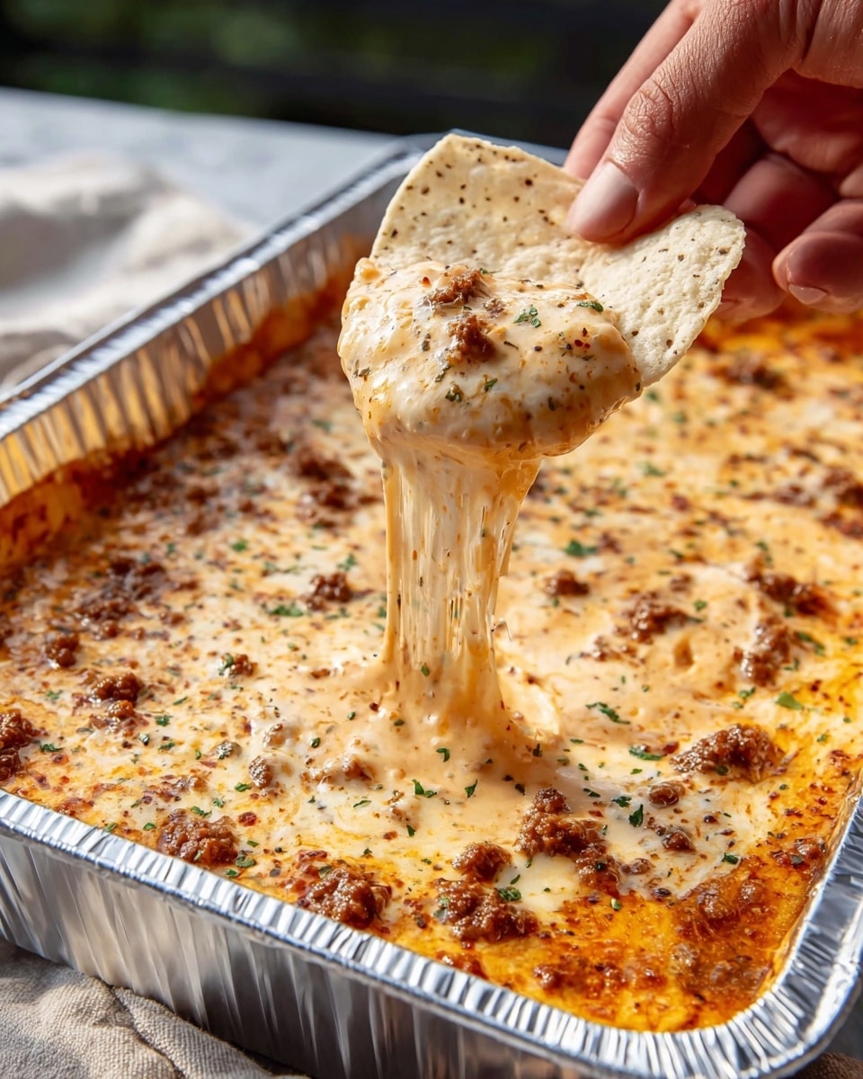 A shiny rectangular foil tray holds a creamy melted cheese dip mixed with browned ground meat chunks evenly spread over the surface, showing a smooth, gooey, pale orange layer with darker brown bits and sprinkled green herbs. A woman's hand is lifting a light beige, speckled tortilla chip covered in the thick, stringy cheese and meat mixture dripping back into the tray. The background has a soft, light-colored cloth on a white marbled texture, adding warmth to the scene. photo taken with an iphone --ar 4:5 --v 7
