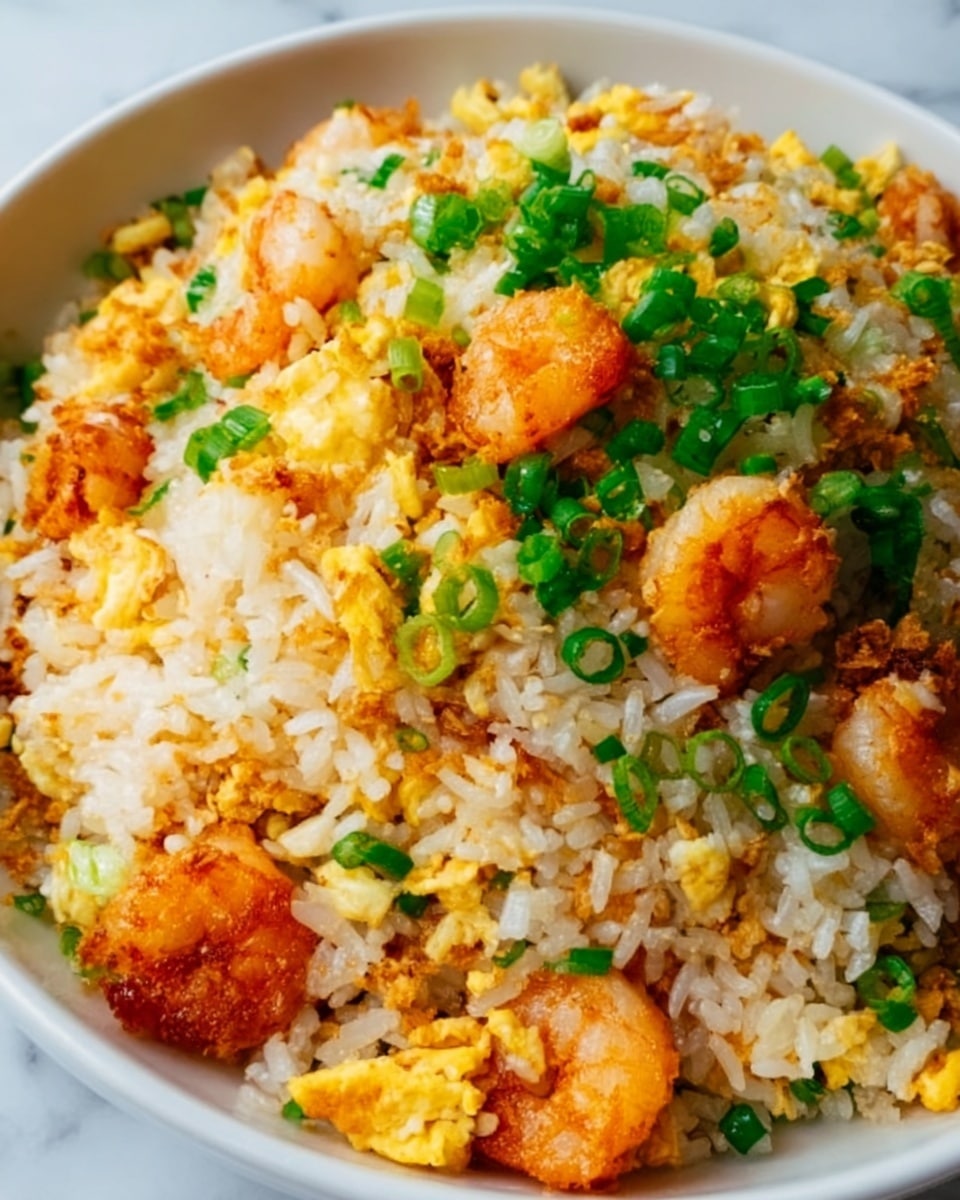 This image shows a close-up of fried rice with several layers of ingredients mixed together. The base layer is white rice with a slightly golden fried texture. On top, there are small pieces of bright orange shrimp, golden scrambled eggs, and finely chopped green onions scattered evenly across the dish. The colors are warm and vibrant, with the green onions adding a fresh touch. The food looks moist and well-cooked, served on a round white plate, set on a white marbled surface. Photo taken with an iphone --ar 4:5 --v 7