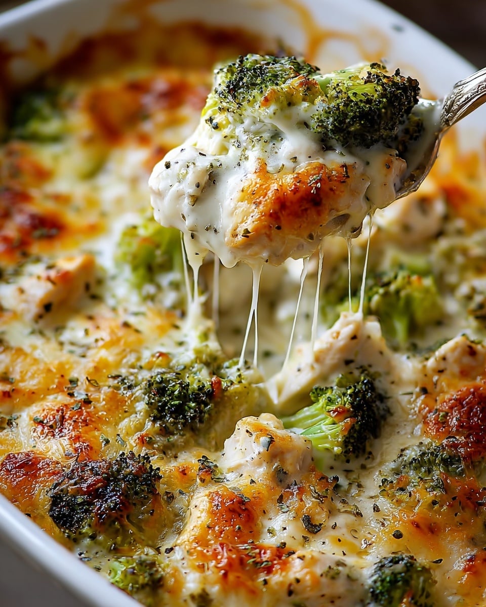 A white casserole dish filled with a baked broccoli and cheese casserole, showing melted, golden-brown cheese on top with crispy brown spots, scattered green broccoli florets, and creamy sauce underneath. The spoon lifts a serving revealing gooey cheese strings stretching, while the broccoli pieces are bright green and slightly charred. The dish has visible black pepper sprinkled on top, with a rich and creamy texture beneath the browned cheese layer. The whole scene is set on a white marbled surface. photo taken with an iphone --ar 4:5 --v 7