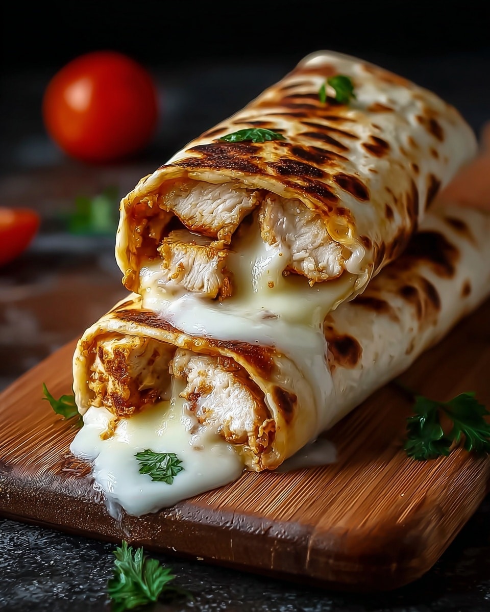 The image shows two grilled wraps stacked on a wooden board. Each wrap has a toasted tortilla with brown grill marks on the outside. Inside, there are chunks of grilled chicken with a golden-brown color and melted white cheese oozing out from the center and edges. The wraps are garnished with small green parsley leaves on top and around the board. A whole red tomato is visible in the background, resting on a white marbled surface. photo taken with an iphone --ar 4:5 --v 7