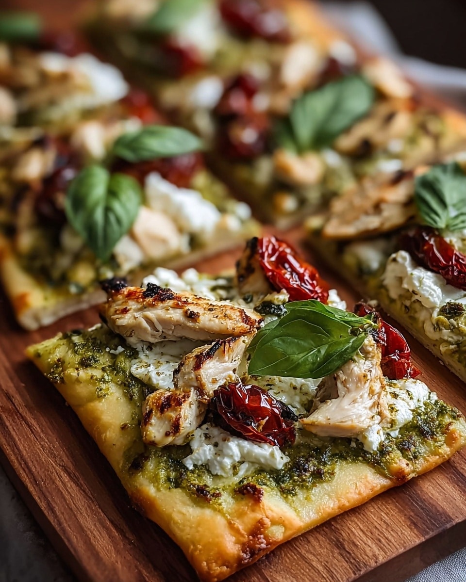 The image shows a flatbread pizza cut into four rectangular slices, placed on a wooden board. The bottom layer is a golden-brown, slightly thick crust with a crispy texture. On top of the crust, there is a green pesto sauce spread evenly, giving a rich look with a rough texture. The next layer consists of thick pieces of grilled chicken with a charred outside and juicy white inside, scattered over the pesto. There are dollops of white creamy cheese spread in irregular shapes, adding a soft, smooth texture. Bright green fresh basil leaves and roasted red cherry tomatoes add color contrast and a fresh look, arranged on top of the chicken and cheese. The overall look is rustic and fresh, with warm and cool colors mixed. The photo has a soft focus on the food, enhancing the textures and colors, set against a white marbled background. photo taken with an iphone --ar 4:5 --v 7
