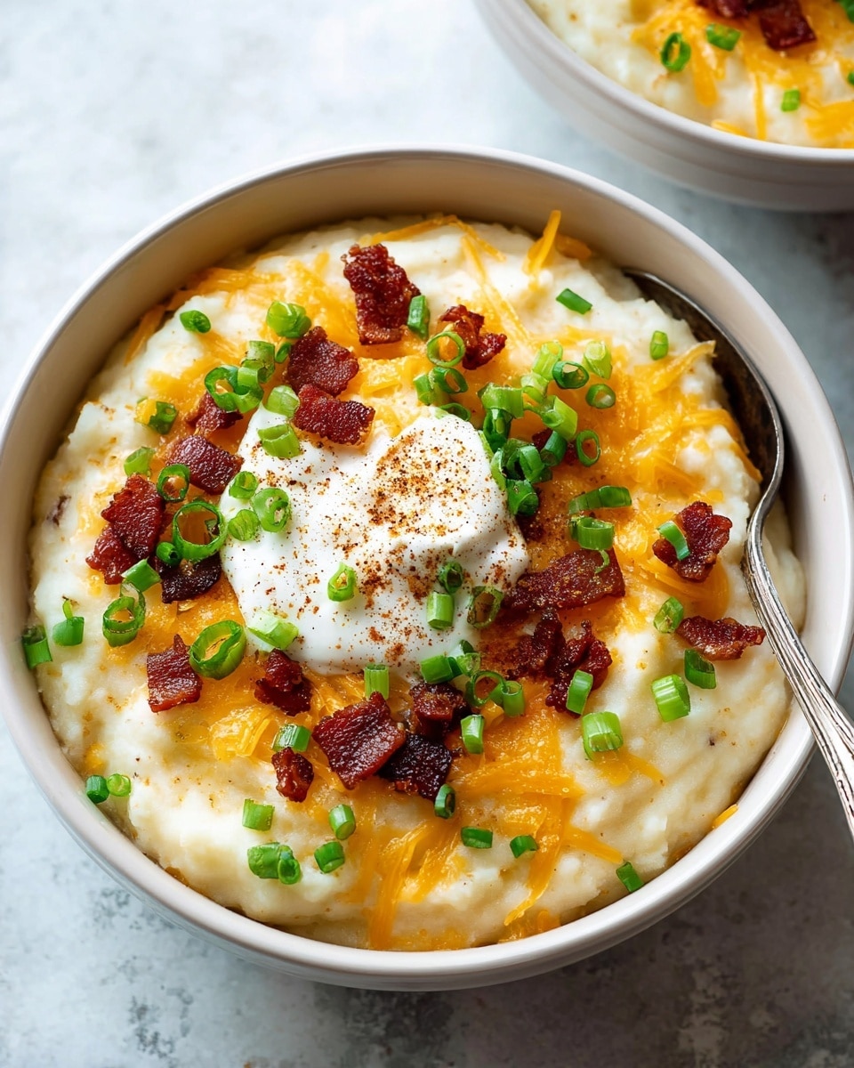 A white bowl filled with creamy, light beige mashed potatoes forming the base layer, topped with scattered shredded orange cheddar cheese and small crispy dark reddish-brown bacon pieces. On top of the cheese and bacon is a dollop of smooth white sour cream sprinkled lightly with dark spices. Small bright green chopped scallions are evenly sprinkled over everything. A silver spoon rests inside the bowl on the right side. The bowl sits on a white marbled surface. Photo taken with an iphone --ar 4:5 --v 7