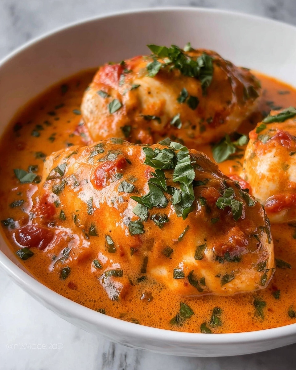 The image shows three pieces of chicken covered in a thick orange sauce with visible green herbs and small tomato bits. Each chicken piece is generously coated with the sauce, which has a rich, slightly glossy texture. On top of every chicken piece, there are fresh chopped green herbs, adding a pop of brightness. The chicken and sauce sit inside a white bowl, which is placed on a white marbled surface. photo taken with an iphone --ar 4:5 --v 7