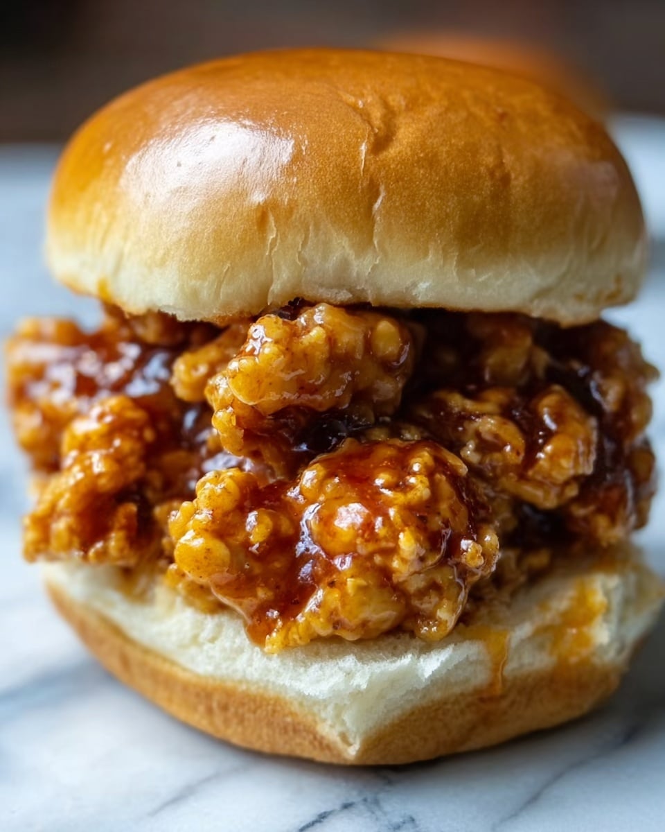 A close-up of a fried chicken sandwich with a shiny, soft light brown top bun slightly glistening. Beneath the top bun is a thick layer of crispy, golden-brown fried chicken coated in a sticky, reddish-brown sauce that looks spicy and glossy. The fried chicken has a crunchy texture with uneven, crispy edges. At the bottom, there is a plain white bun that looks soft and fresh, creating a simple base for the sandwich. The image background is a white marbled texture. Photo taken with an iphone --ar 4:5 --v 7