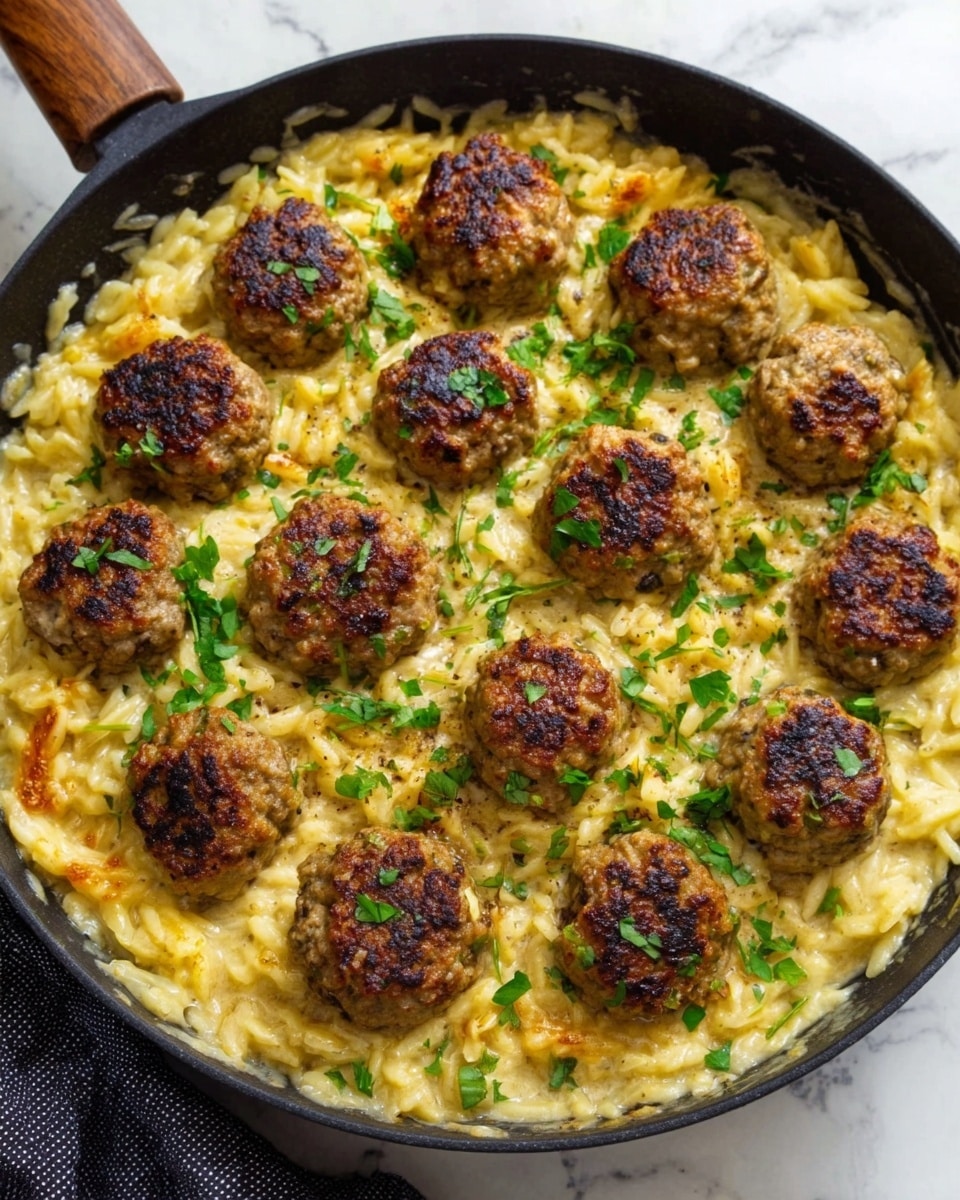 The image shows a black skillet filled with creamy yellow macaroni and cheese as the base layer, topped with a single layer of golden brown meatballs evenly spread across the dish. The meatballs have a slightly crispy texture on the outside with specks of herbs visible. Small green herb pieces are sprinkled on top, adding a fresh touch and contrast to the creamy noodles. The skillet rests on a wooden surface with hints of a green cloth and some parsley nearby. The background features a white marbled texture. Photo taken with an iphone --ar 4:5 --v 7