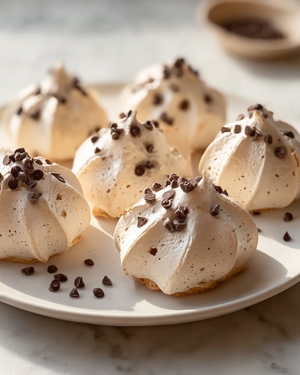 The image shows five round meringue cookies on a white plate with a subtle texture. Each cookie is light beige in color with a rough, airy texture and is studded with small dark chocolate chips throughout. The cookies have a star-like shape with pointed ridges forming soft peaks. On top of each cookie, there are small shavings of dark chocolate, adding contrast to the light surface. Some additional chocolate chips and shavings are scattered around the plate. The background features a white marbled texture with soft warm light casting gentle shadows. photo taken with an iphone --ar 4:5 --v 7