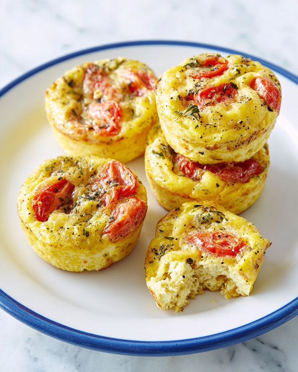 The image shows a white plate with a thin blue rim holding four mini egg muffins. Three muffins are whole, round, and thick with a yellow and slightly browned top mixed with green herbs and small red tomato pieces embedded in them. One muffin is cut in half, showing the soft, fluffy, pale-yellow inside with visible red tomato slices and some green herbs. The muffins have a light texture with browned spots, indicating they were baked or grilled. The plate is placed on a white marbled textured surface with a small part of another similar white plate visible in the background. photo taken with an iphone --ar 4:5 --v 7