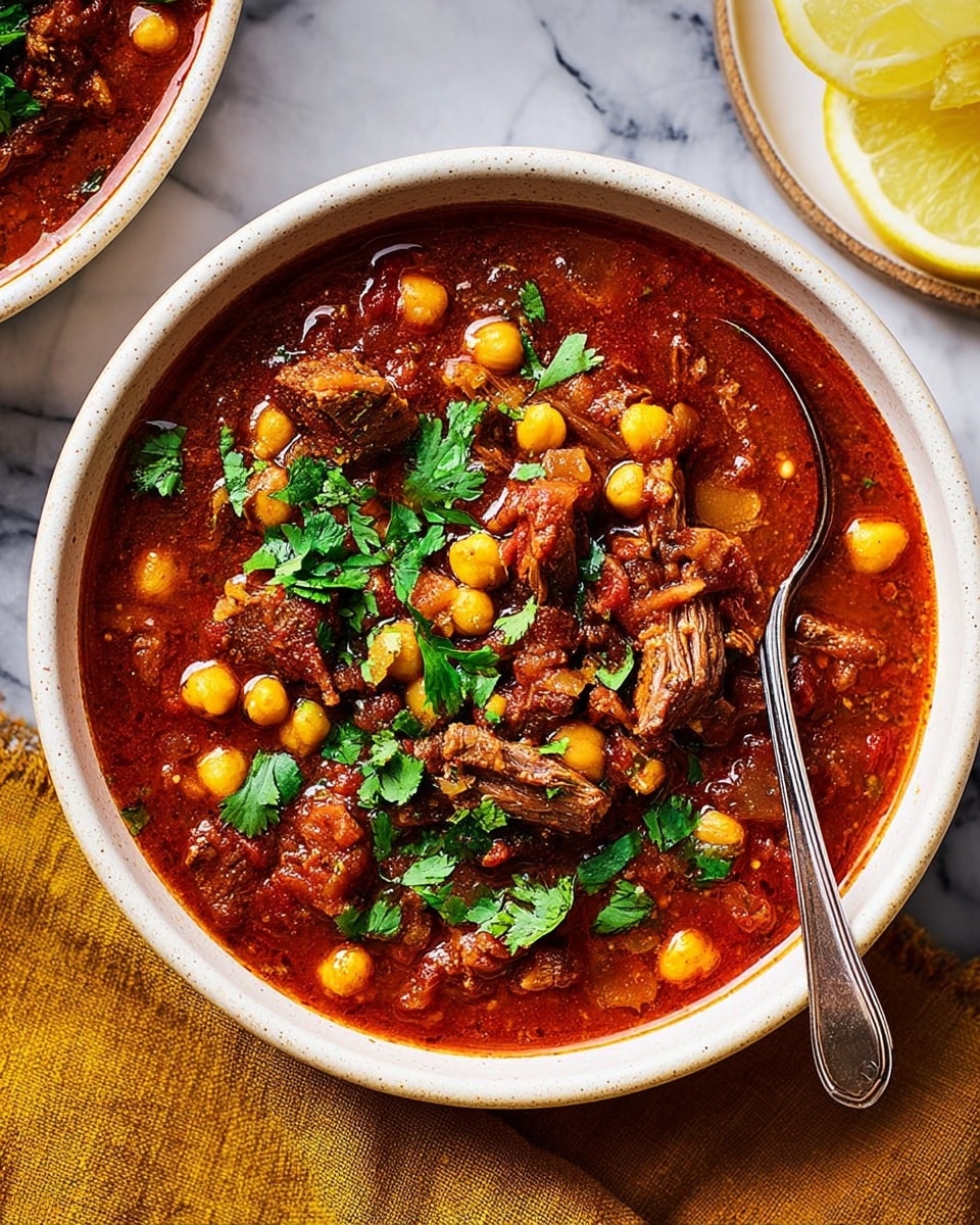 A white bowl filled with a thick red stew that has visible chunks of brown meat, beige chickpeas, and small red lentils. The stew appears rich with a slightly glossy texture and some pieces of diced vegetables mixed in. On top, there is a generous layer of fresh green cilantro leaves scattered for garnish. A silver spoon rests inside the bowl, and a yellow lemon wedge is placed next to it. The bowl sits on a white marbled surface with a mustard-yellow cloth partially visible on the side. Photo taken with an iphone --ar 4:5 --v 7
