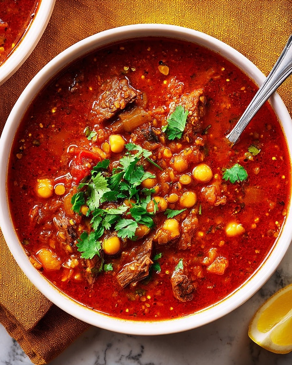 A white bowl filled with thick red-brown stew that has visible chunks of tender meat, yellow chickpeas, and small bits of vegetables like celery, all mixed together in a rich sauce. The stew is topped with fresh green cilantro leaves scattered in the center, adding a fresh touch. A silver spoon rests inside the bowl, and a yellow linen cloth is placed beside it on a white marbled surface. A slice of lemon on a white plate can be seen in the upper right corner. Photo taken with an iphone --ar 4:5 --v 7