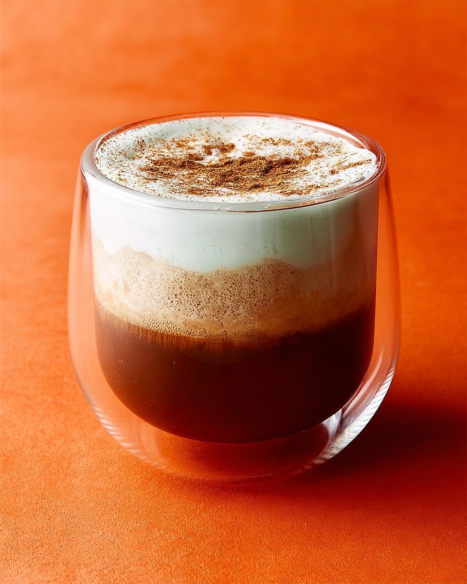 A clear glass cup contains a two-layered drink placed on a bright orange surface; the bottom layer is a rich, dark brown liquid, and the top layer is a thick, creamy white foam sprinkled lightly with fine brown powder. The glass has a double-walled design, giving a rounded shape with space between the walls and the drink. photo taken with an iphone --ar 4:5 --v 7