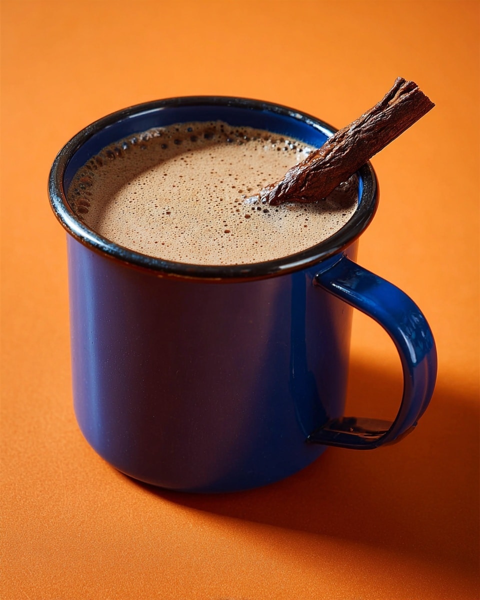 A blue mug with a shiny handle filled almost to the top with light brown frothy coffee, with tiny bubbles visible on the coffee surface, has a dark brown rolled cinnamon stick resting across its white rim. The mug is placed on a smooth, vibrant orange surface. photo taken with an iphone --ar 4:5 --v 7