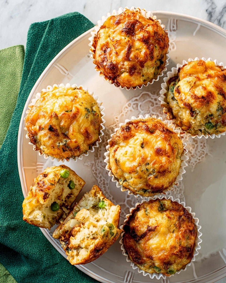A white plate with a gray stripe holds five small egg muffins, each in white paper cups with green stripes. The muffins are golden brown on top with a slightly crispy and uneven texture, showing bits of green vegetables and some orange melted cheese. One muffin is broken in half, revealing a soft, moist inside with green peas, broccoli pieces, and white chunks. The plate is placed on a white marbled surface with dark green folded napkins nearby. The light highlights the muffins' crisp tops and the moist texture inside. photo taken with an iphone --ar 4:5 --v 7