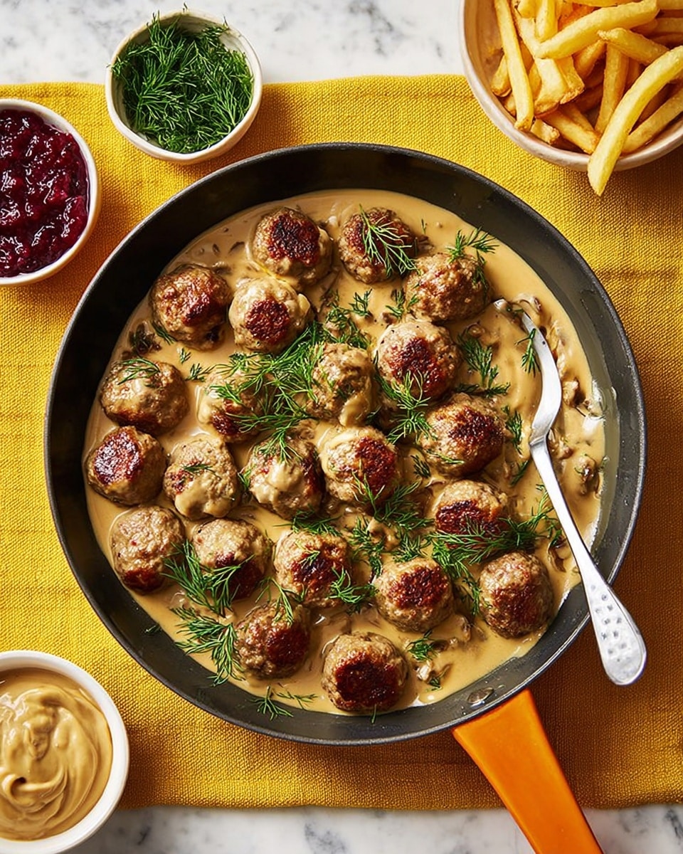 A black pan with an orange handle holds about twenty small, round meatballs covered in thick, creamy light brown gravy, garnished with small sprigs of fresh green dill scattered evenly on top. A long silver spoon rests diagonally inside the pan, partly submerged in the gravy. Around the pan, there are three small white bowls, one with bright green dill, one with bright red chunky sauce, and one with golden French fries. The background is a soft yellow fabric, changed to a white marbled texture, creating a light and clean setting. photo taken with an iphone --ar 4:5 --v 7